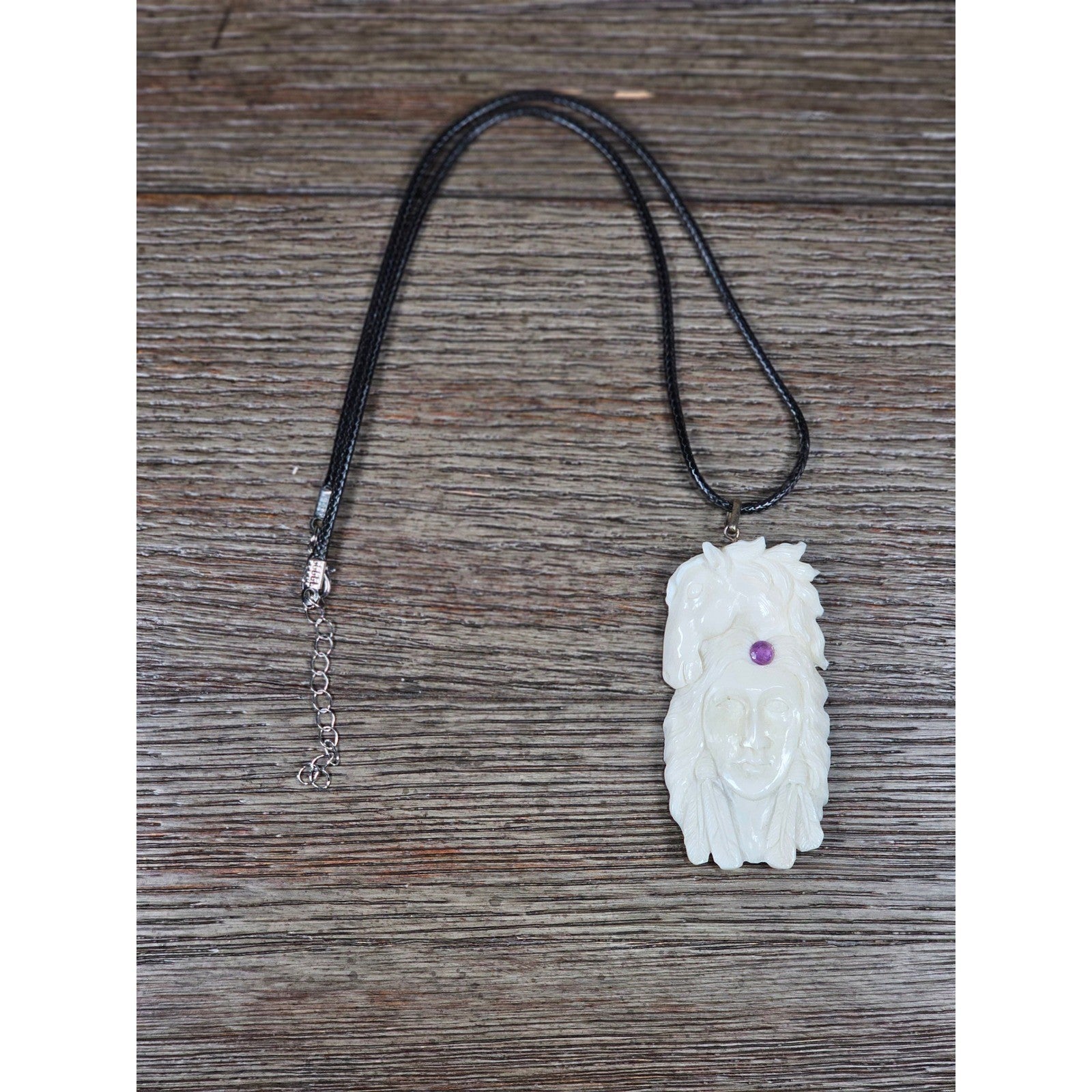 Vintage Buffalo Bone Carved Horse & Native American Figure Pendant Necklace