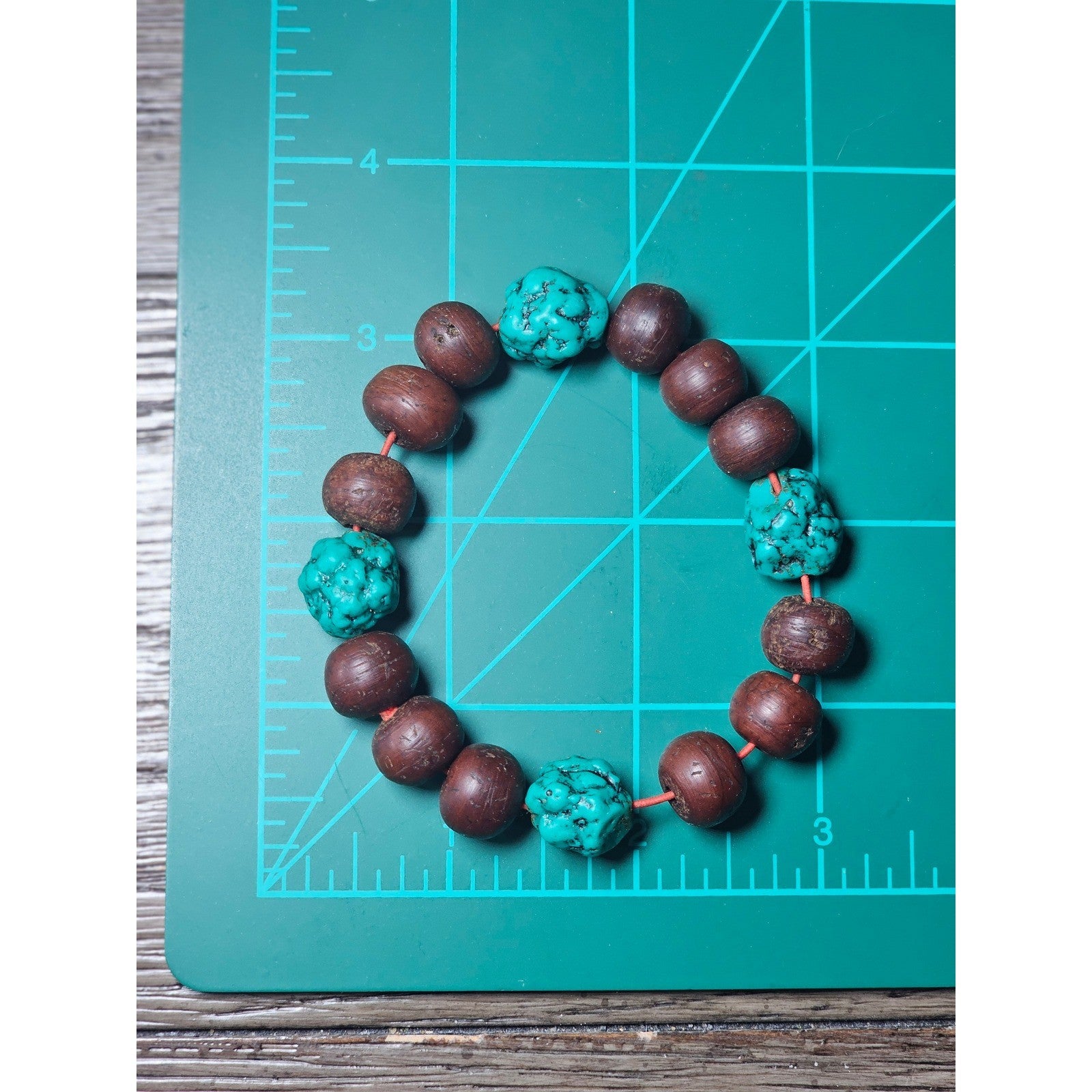 Vintage Wood & Turquoise Bead Stretch Bracelet Rustic Boho