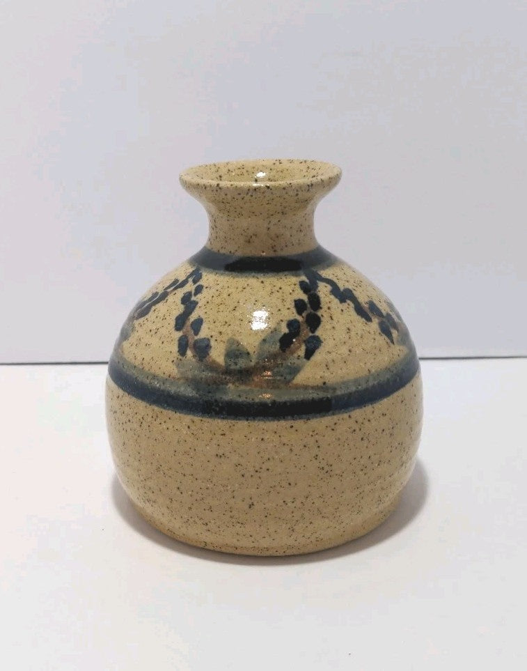 Vintage Art Pottery Vase Brown Blue Marked 4"x4"