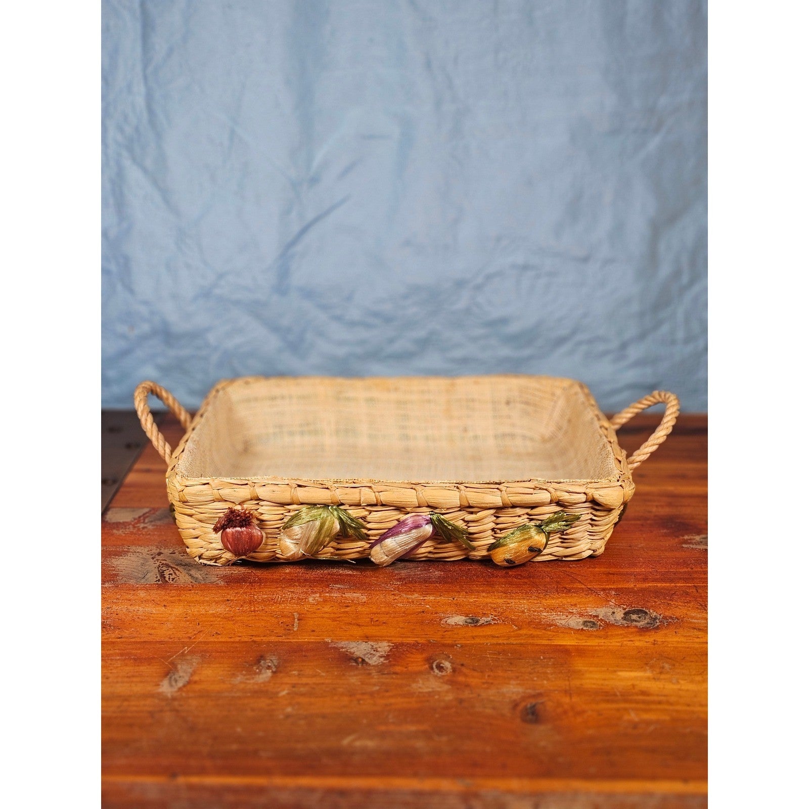 Vintage Woven Vegetable Basket Tray Farmhouse Kitchen Decor Rectangular