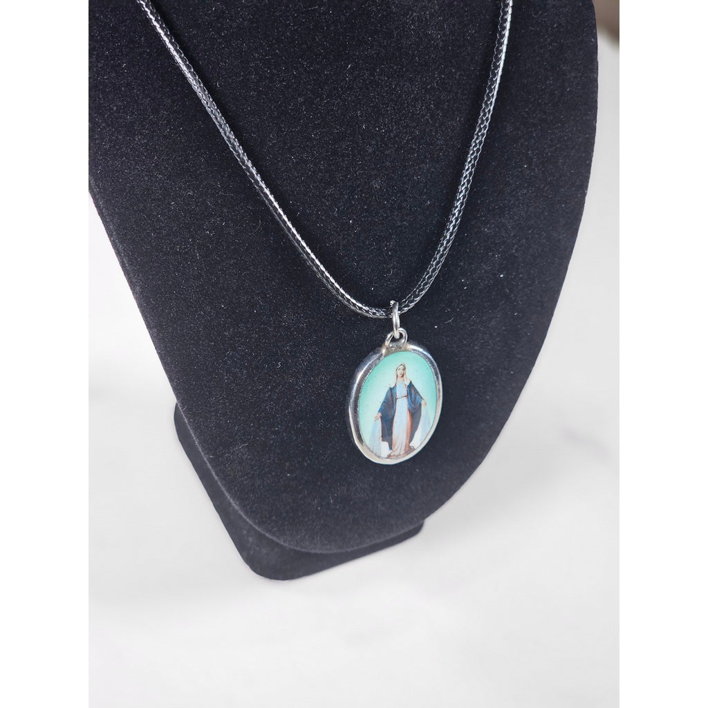Vintage Madonna Pendant Necklace Blue Enamel Oval Cross Back