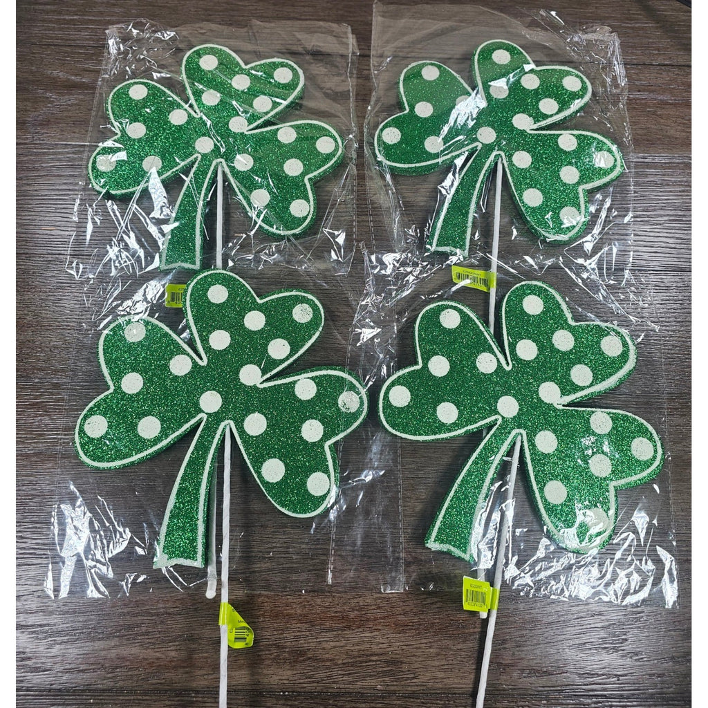 Set of 4 Green Polka Dot Clover Sprays 19" Glitter St Patrick Picks