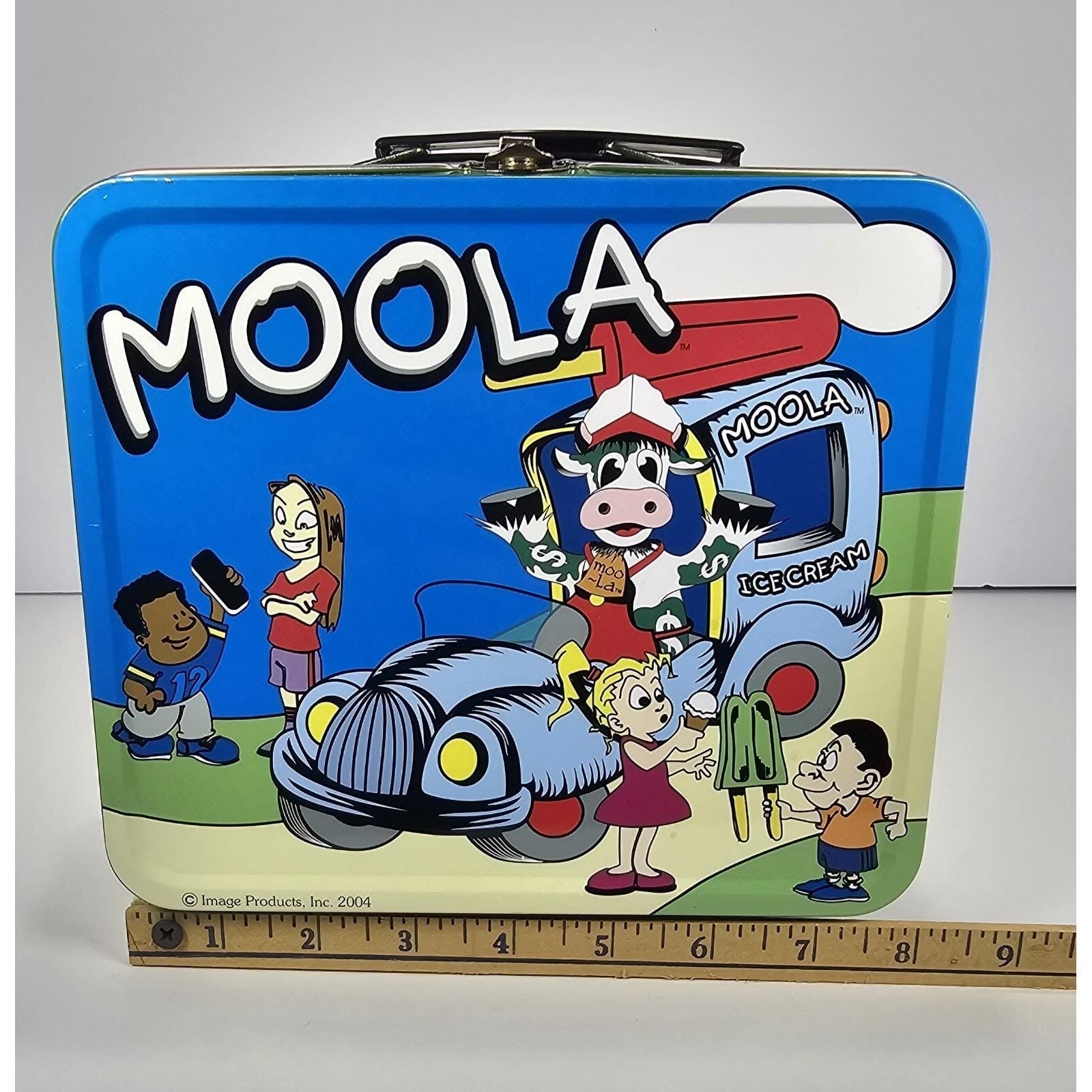 Vintage Moola the Cow Metal Lunch Box Green Blue