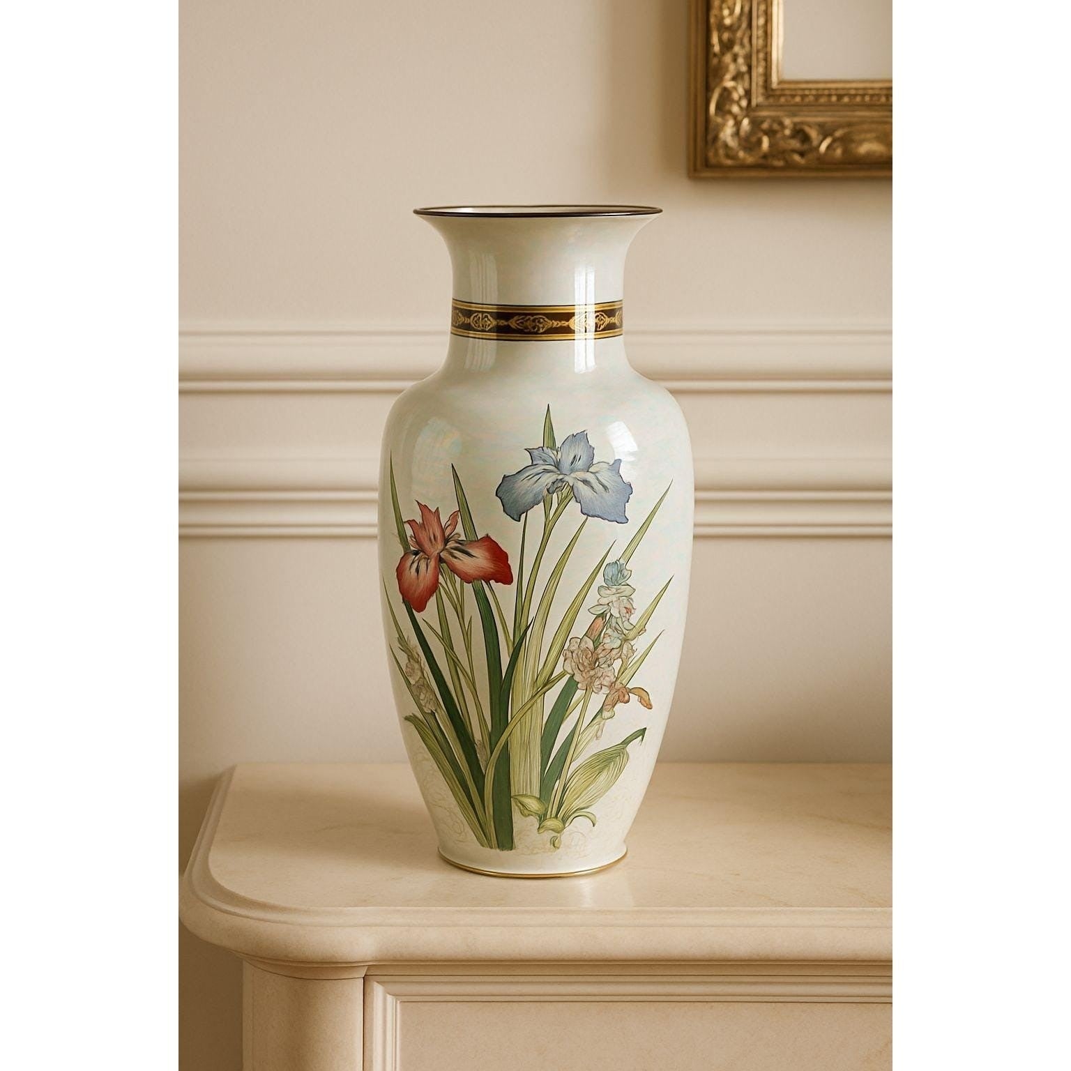 Vintage Japanese Iris Vase with Gold Trim Hand Painted Floral Decor