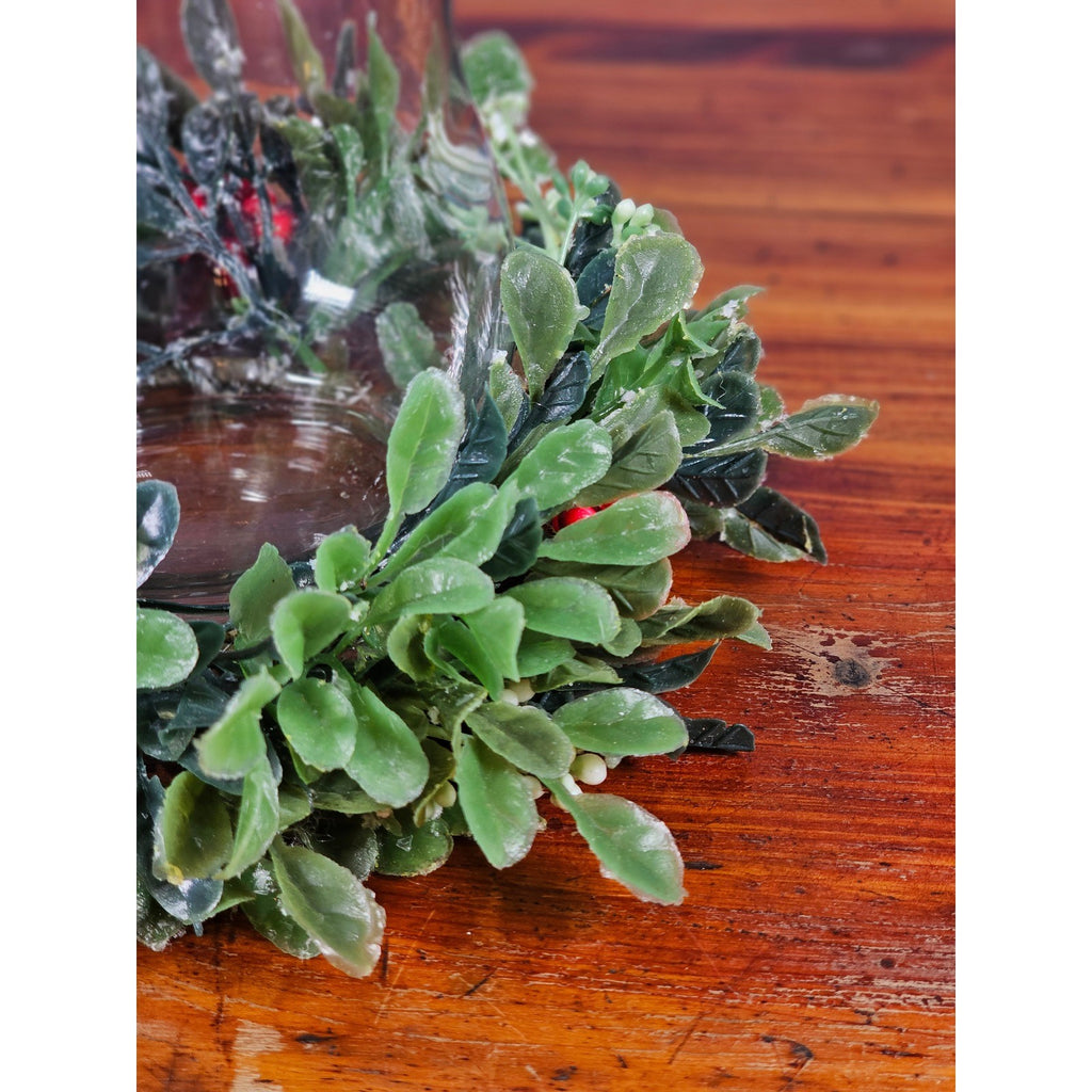 Glass Hurricane Candle Holder with Faux Greenery Ring, 6" Tall Table Decor