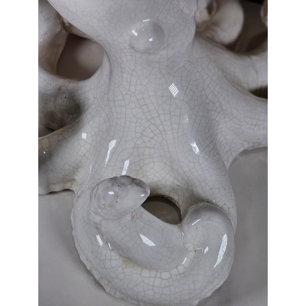 White Crackle Glaze Ceramic Octopus Figurine Nautical Coastal Home Decor Accent