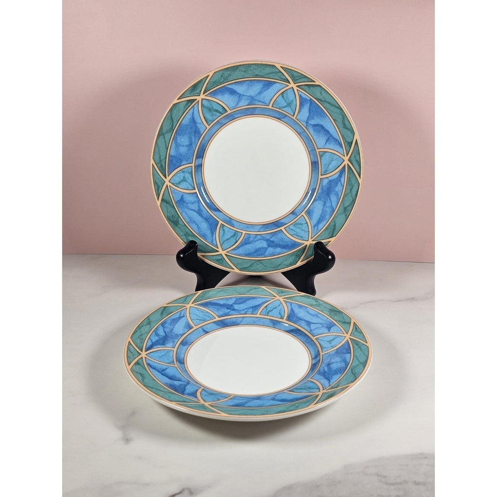 Vintage Stoneware Plates Blue Green Geometric Dessert Plates
