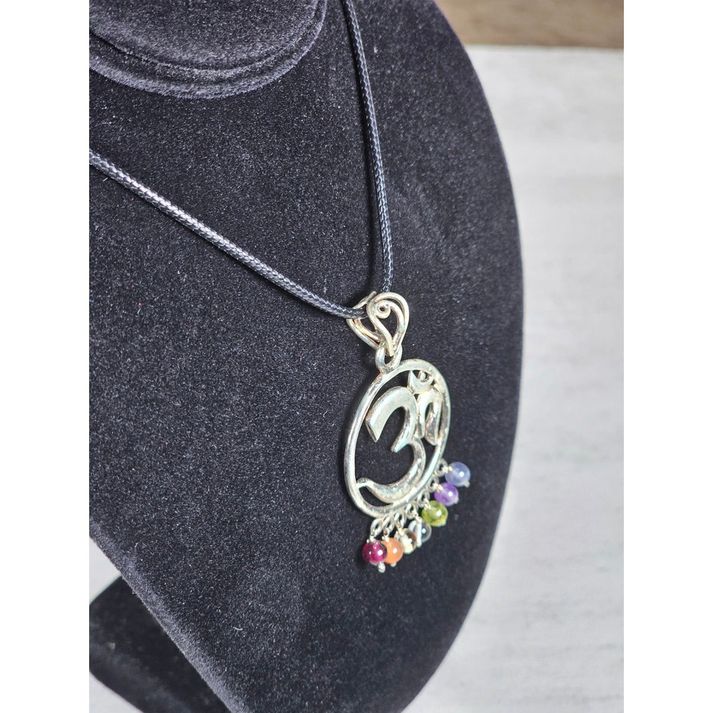 Vintage Sterling Om Pendant Necklace with Chakra Bead Fringe