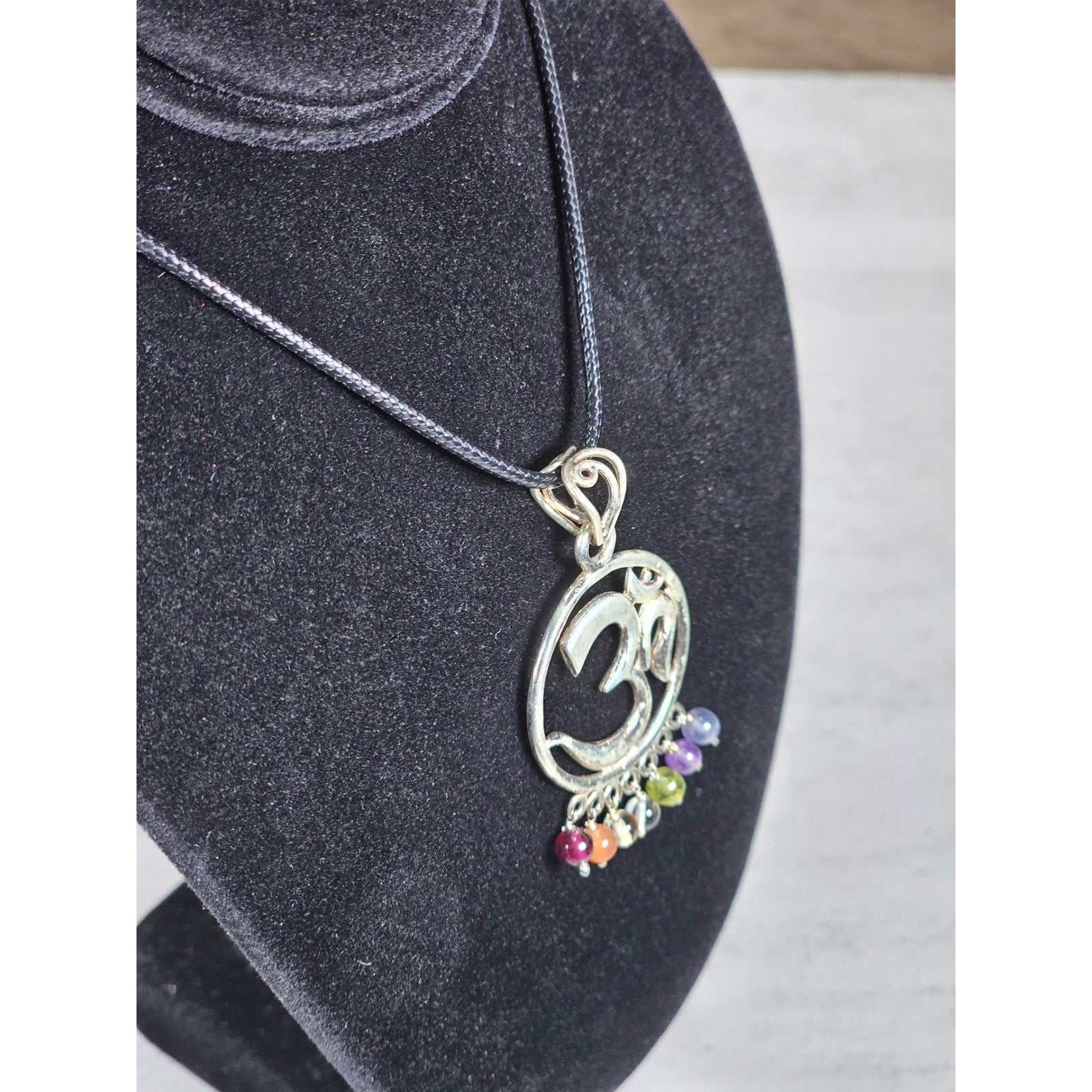 Vintage Sterling Om Pendant Necklace with Chakra Bead Fringe