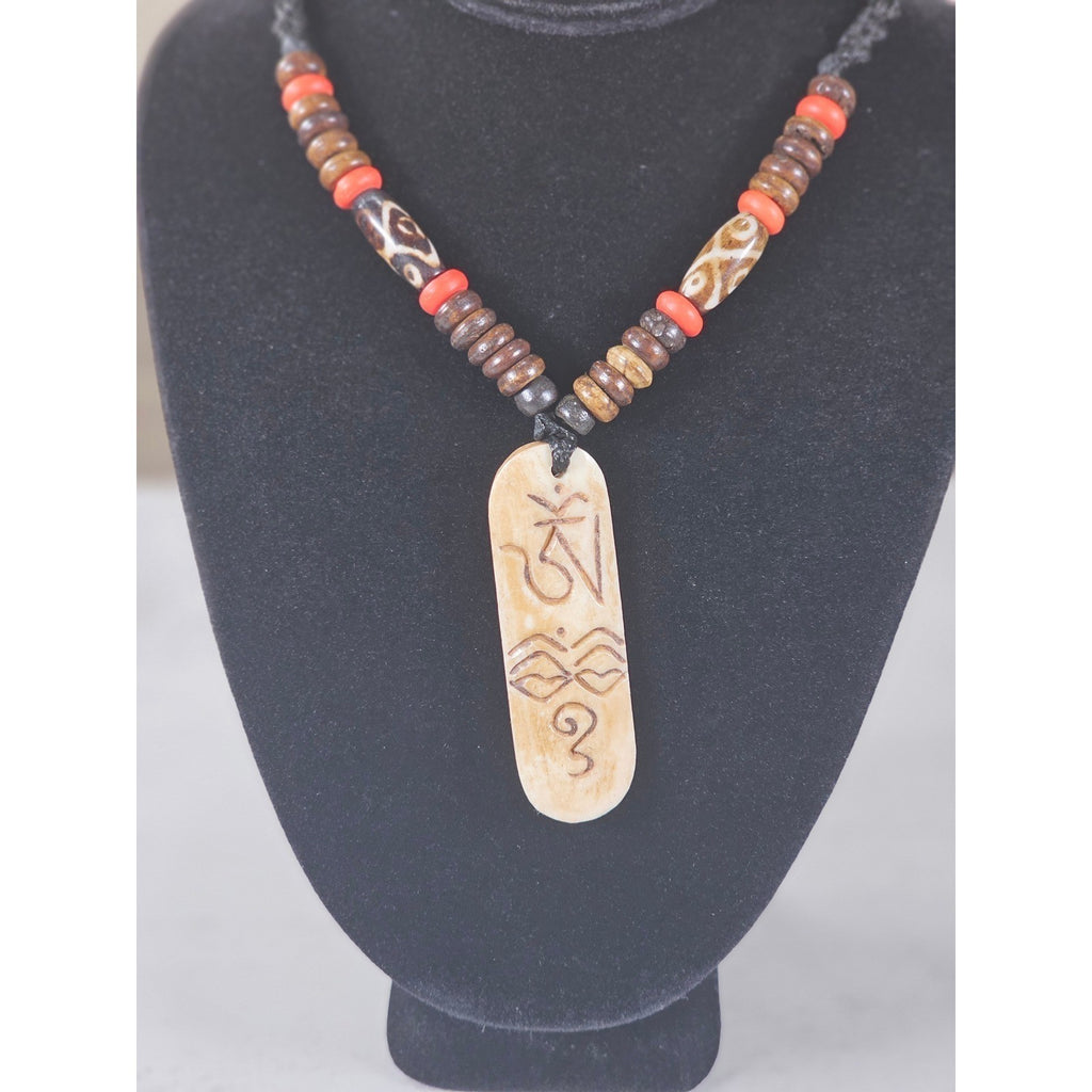 Vintage Carved Pendant Necklace Beaded Tribal Style Statement