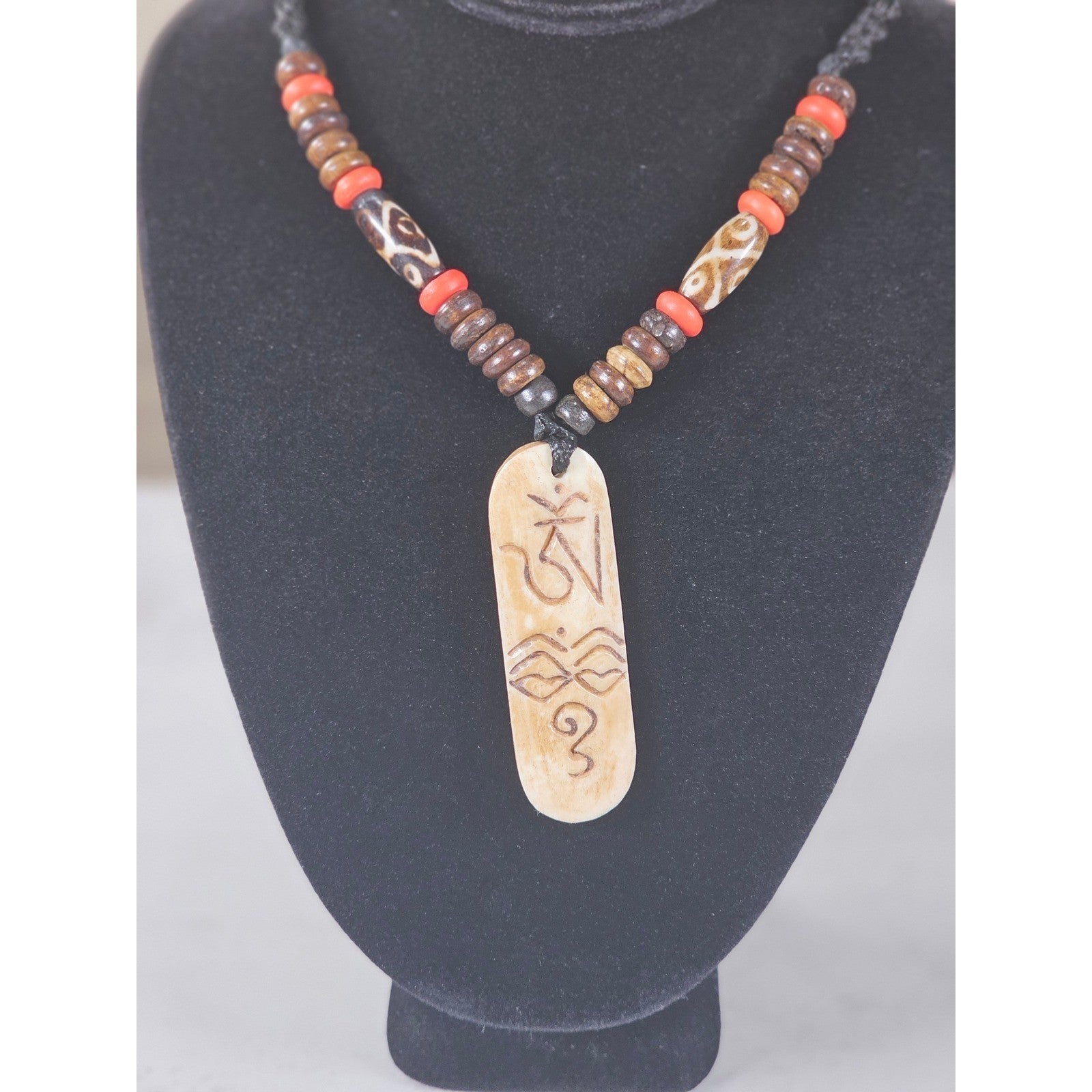 Vintage Carved Pendant Necklace Beaded Tribal Style Statement