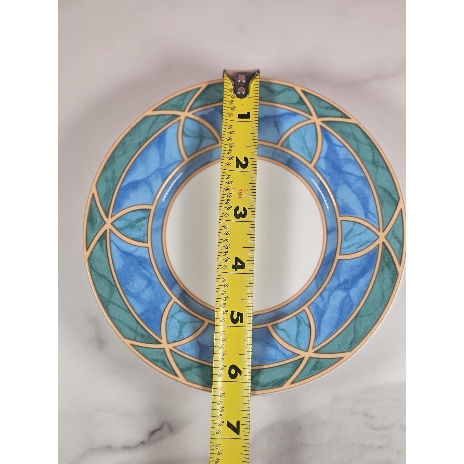 Vintage Stoneware Plates Blue Green Geometric Dessert Plates