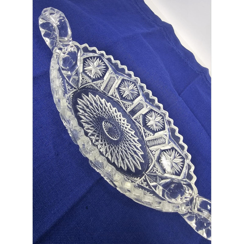 Cut Glass Candy Dish Starburst Pattern Handled Vintage