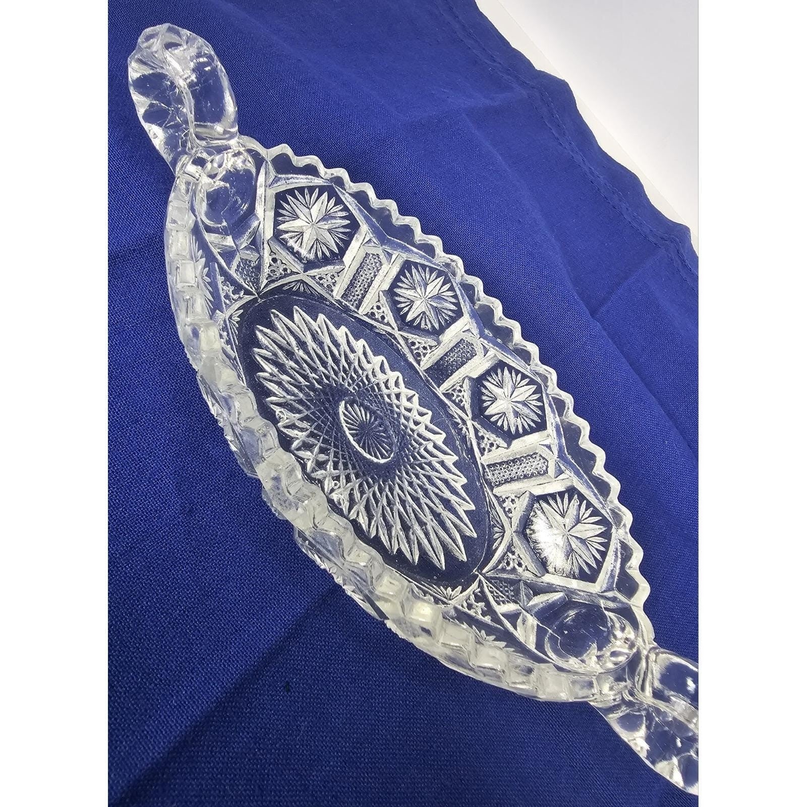 Cut Glass Candy Dish Starburst Pattern Handled Vintage