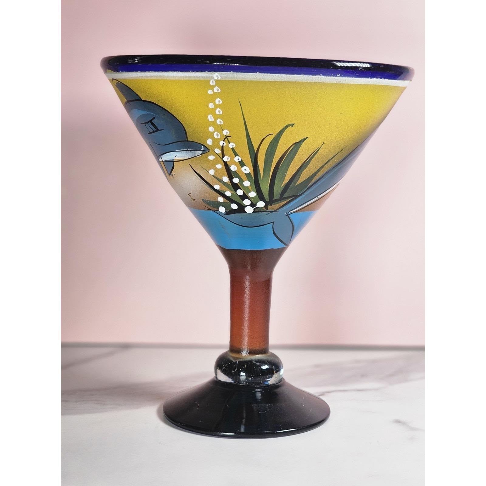 Hand Painted Dolphin Martini Glass Cobalt Blue Cabo San Lucas
