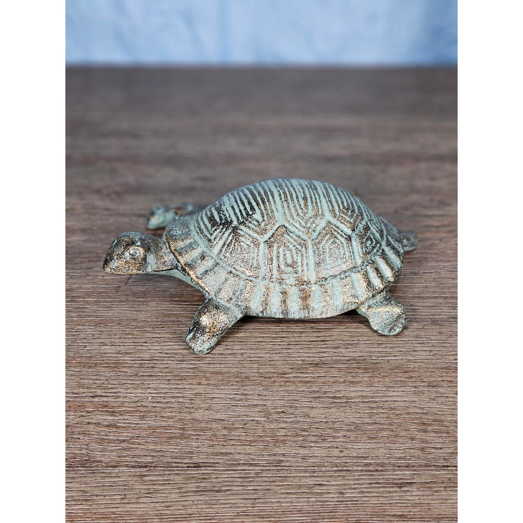 Cast Iron Turtle Decor Tabletop Accent Green Patina Coastal Figurine
