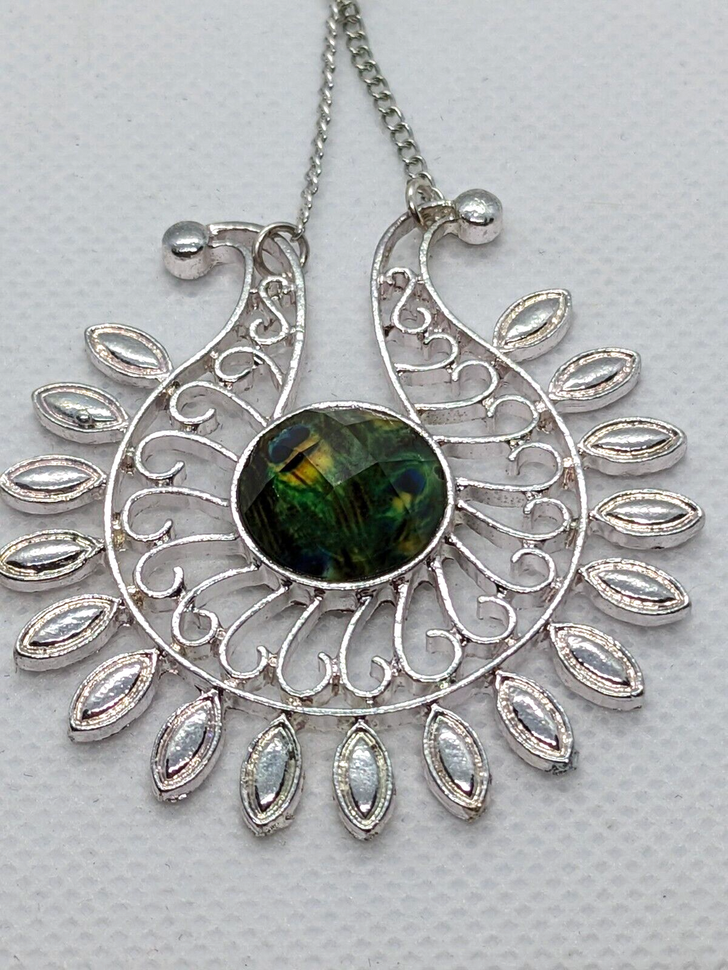 Silver Plated Peacock Feather Acrylic Eye Dangle Drop Earrings