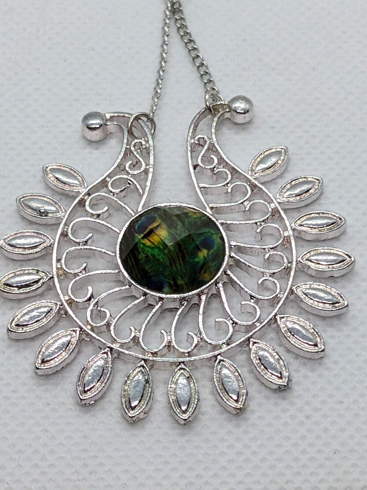 Silver Plated Peacock Feather Acrylic Eye Dangle Drop Earrings