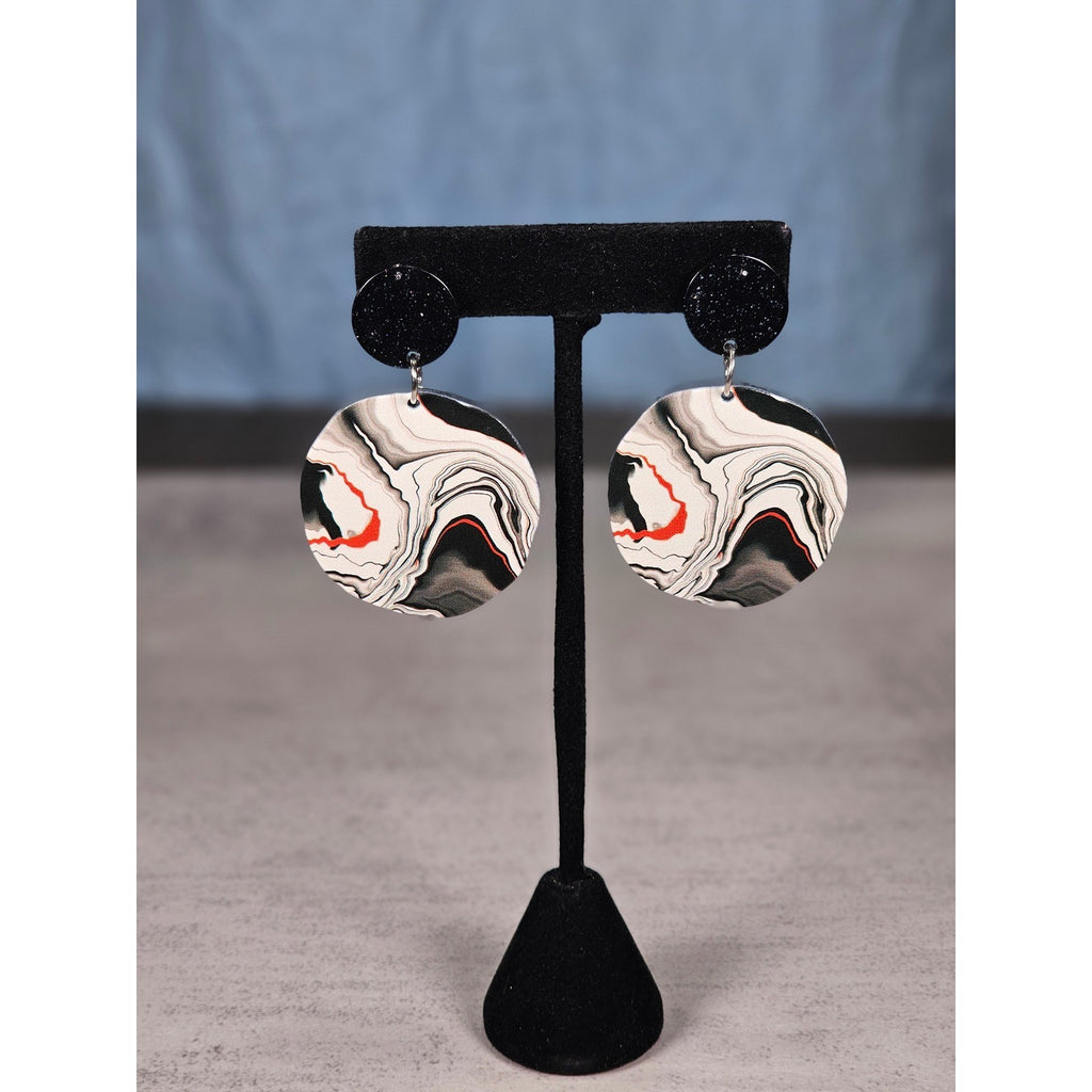 Abstract Black & White Disc Earrings with Red Accents | Pierced Stud Dangles