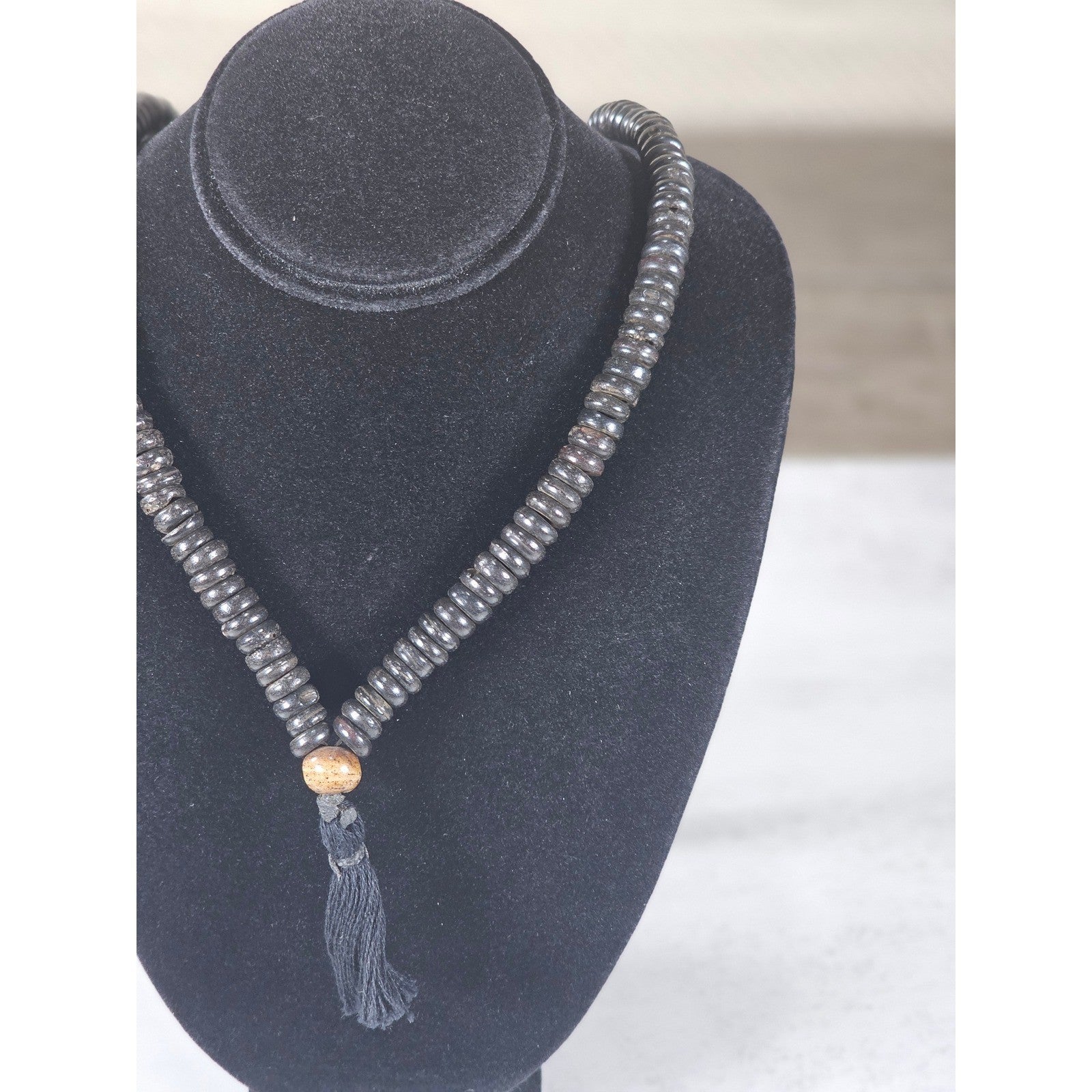 Vintage Black Beaded Tassel Necklace Boho Wood Accent Pendant