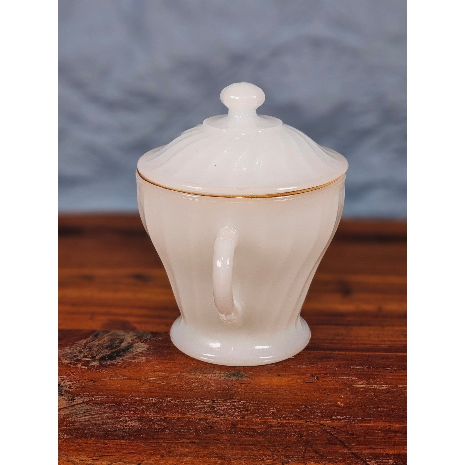 Vintage Milk Glass Sugar Bowl with Lid Gold Trim Fluted Handles