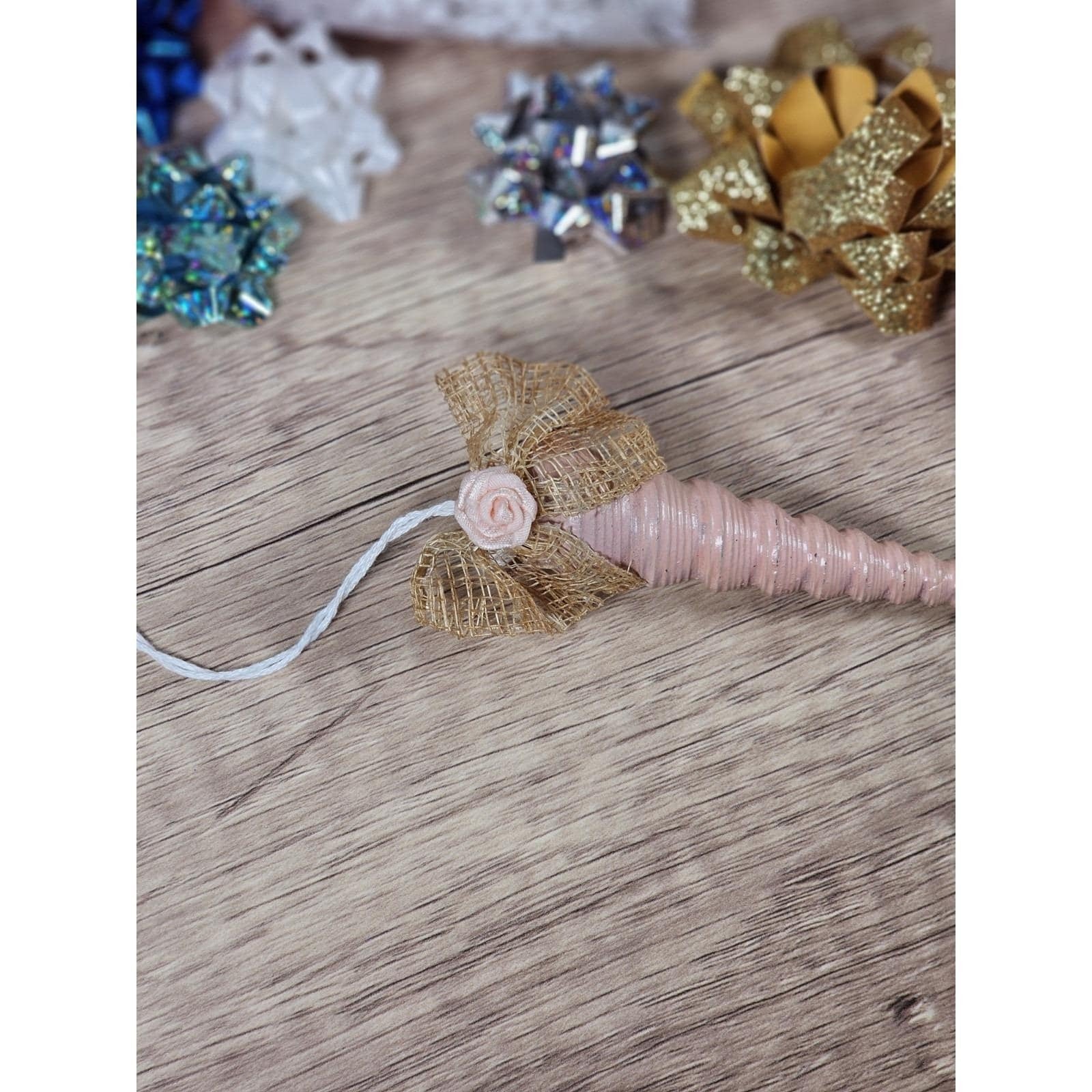 Vintage Pink Shell Christmas Ornament Gold Bow Rose 4 Inch