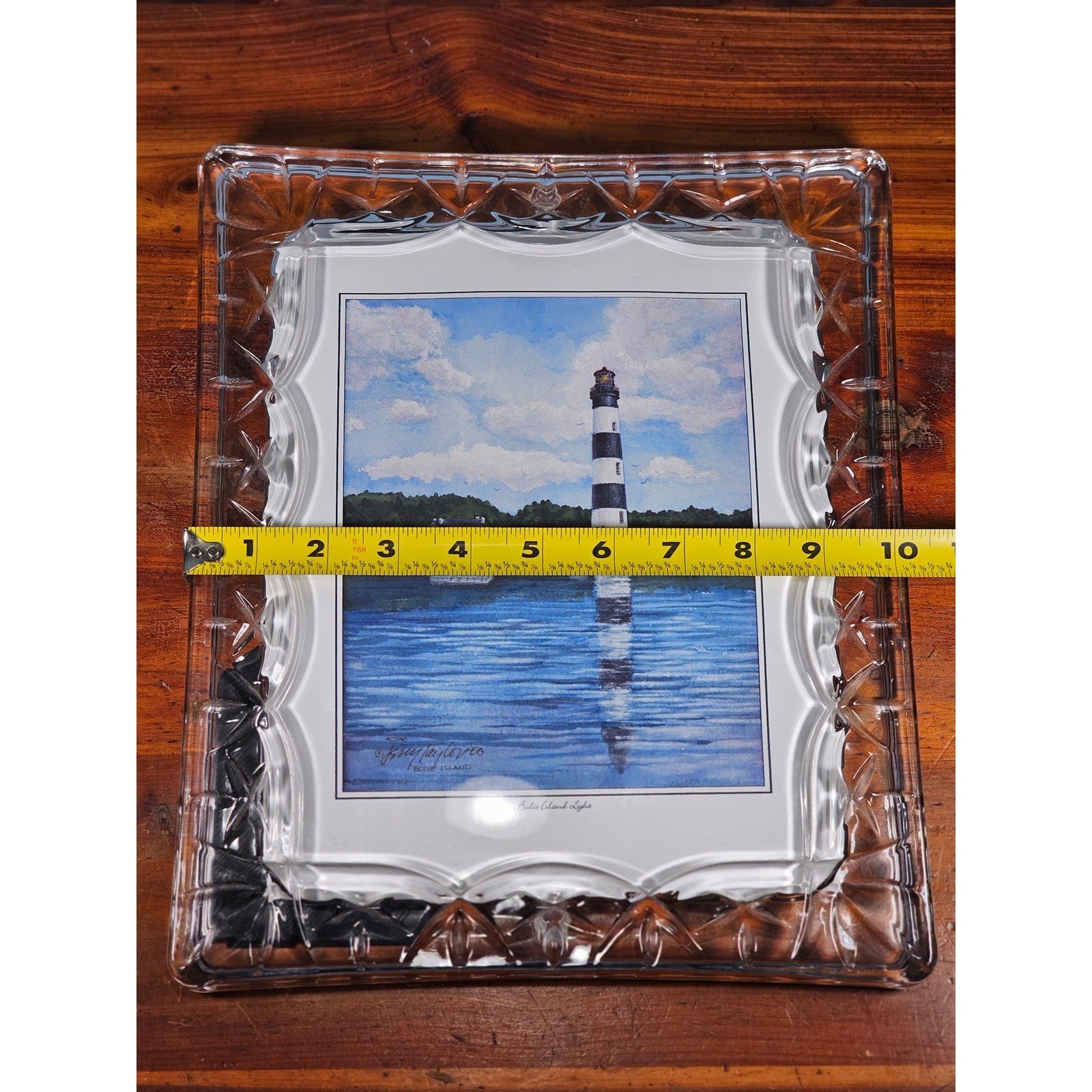 Vintage Heavy Glass Picture Frame with Bodie Island Lighthouse Art 12"x10"