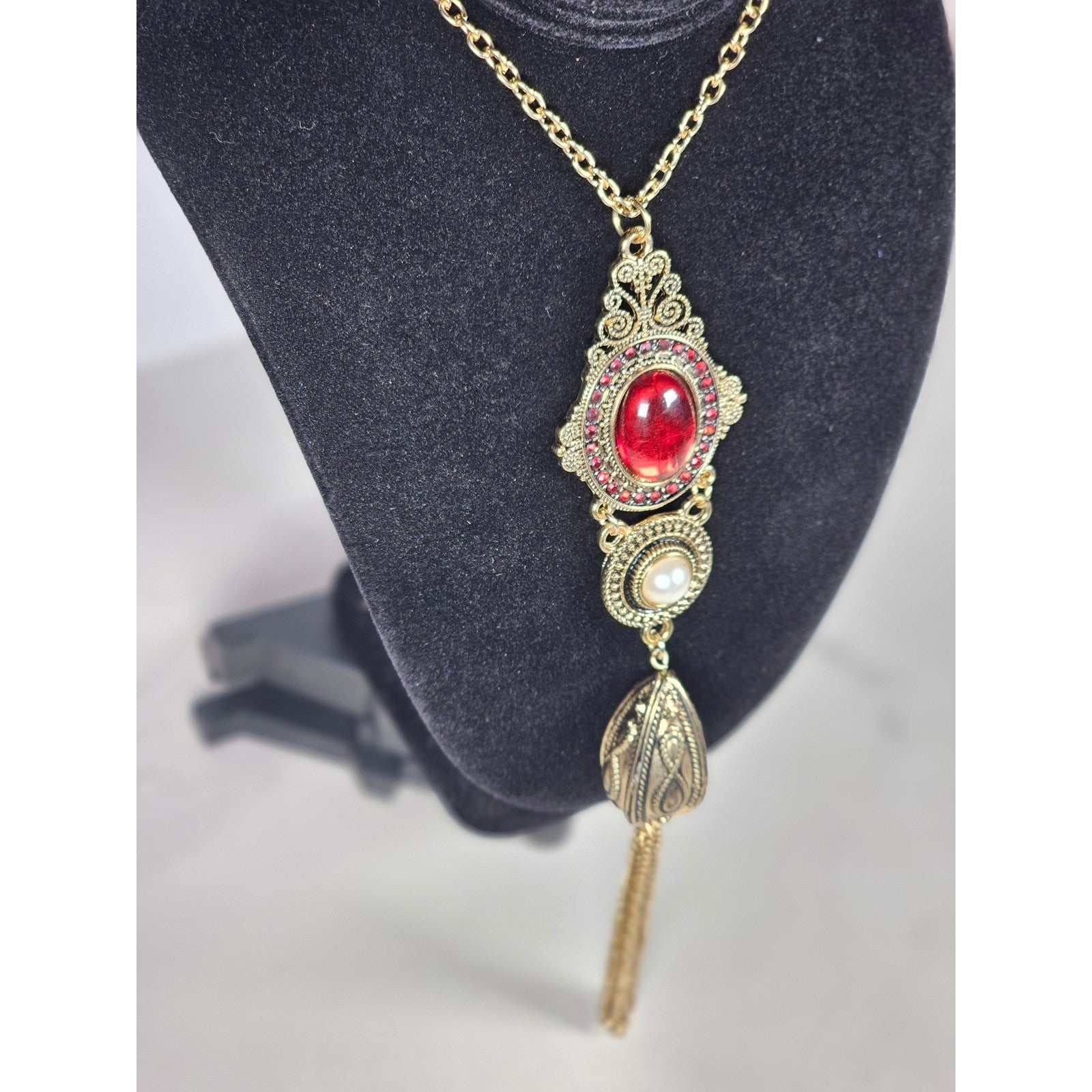Vintage Gold Tone Red Cabochon Necklace with Faux Pearl Tassel Pendant