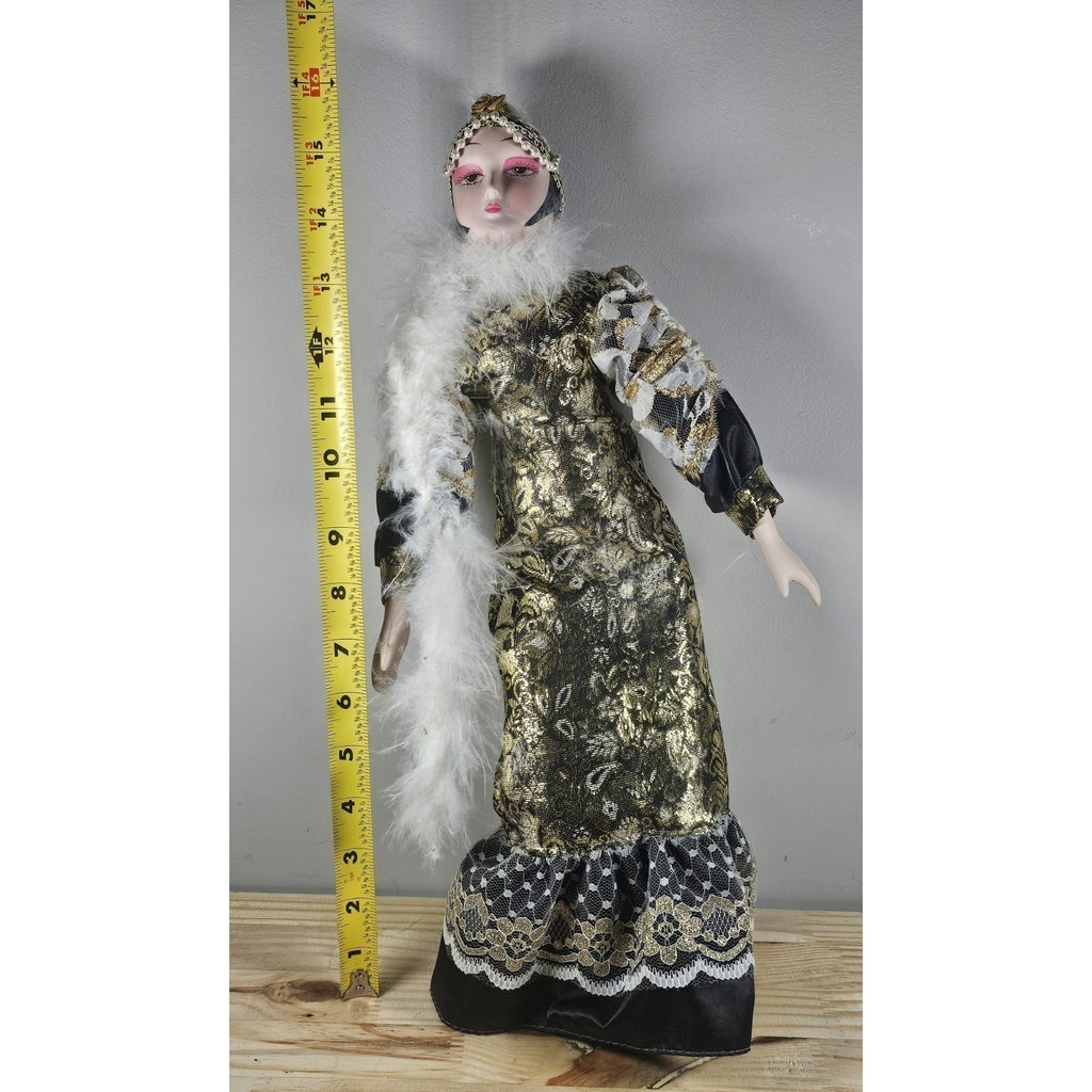 Vintage 1920s Porcelain Doll Gold White Lace Feather Boa In Box
