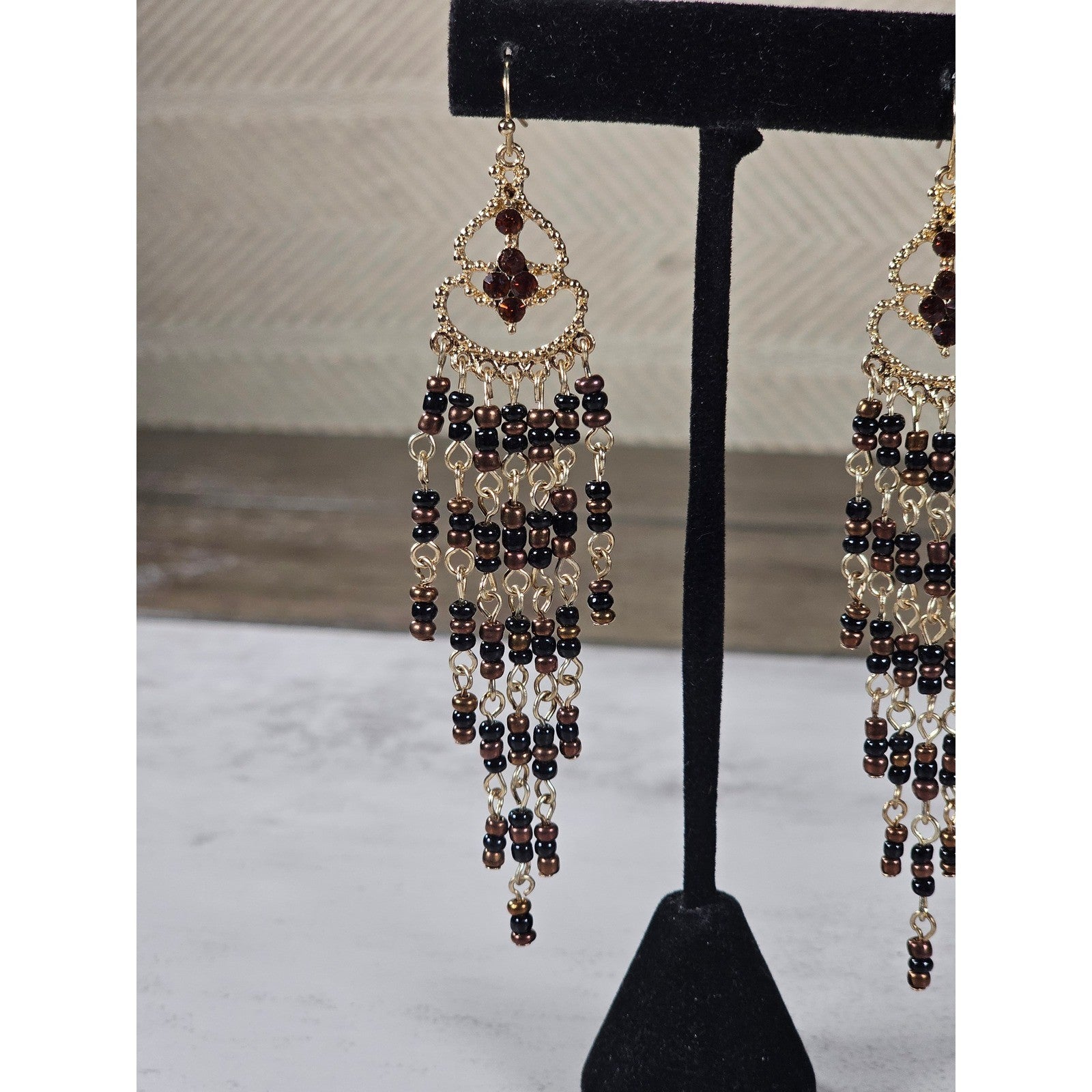 Vintage Gold Tone Beaded Chandelier Earrings Brown Black Dangle
