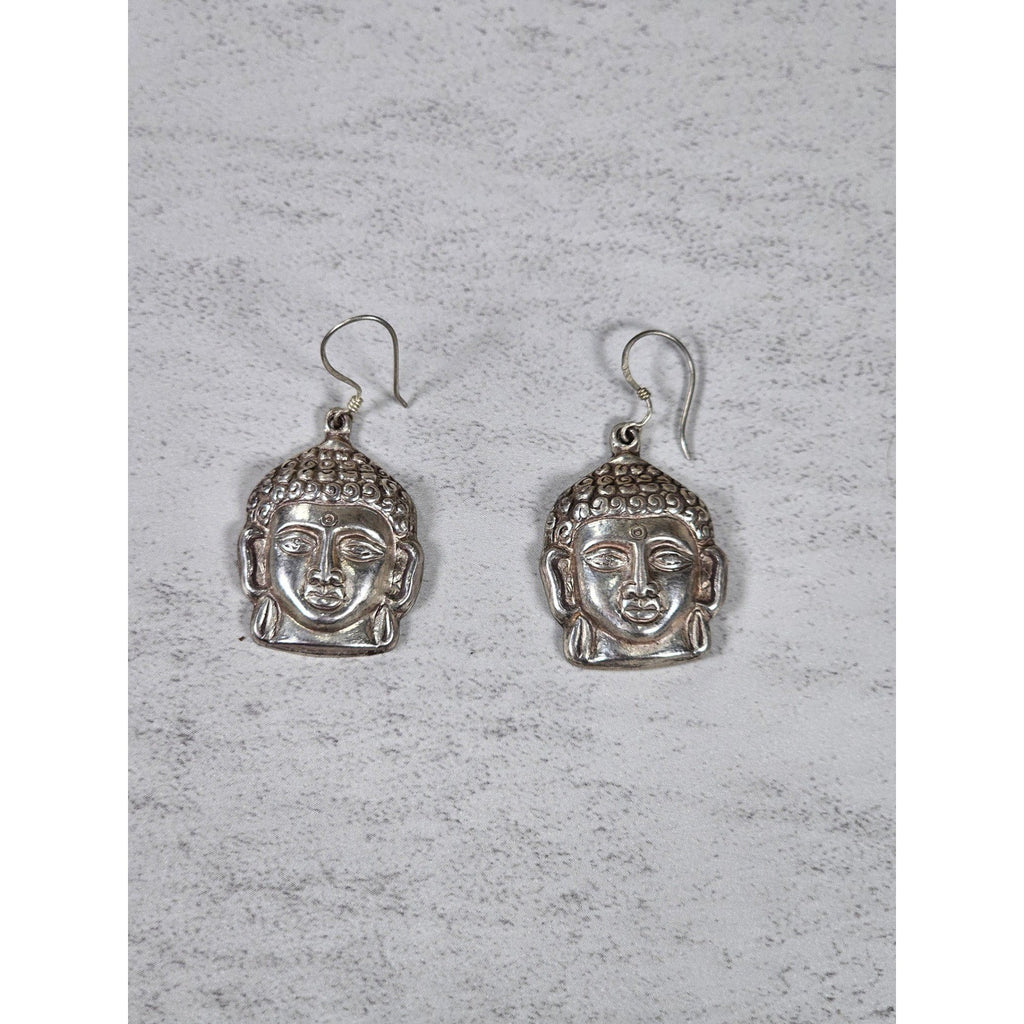 Vintage Sterling Buddha Head Dangle Earrings Spiritual Boho