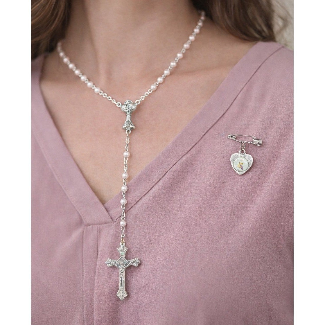 Vintage Rosary Necklace & Heart Pin Set with Case Religious