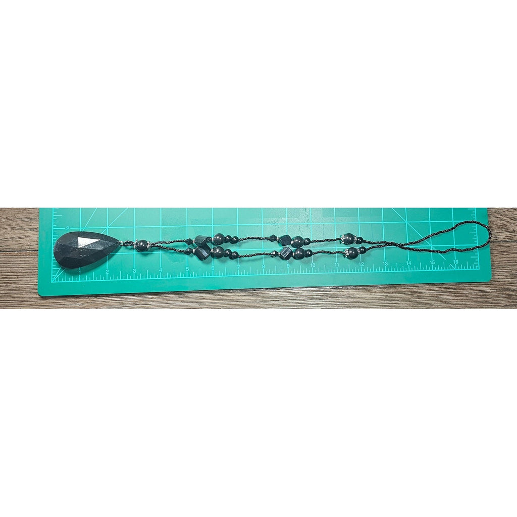 Vintage Black Faceted Teardrop Pendant Beaded Necklace