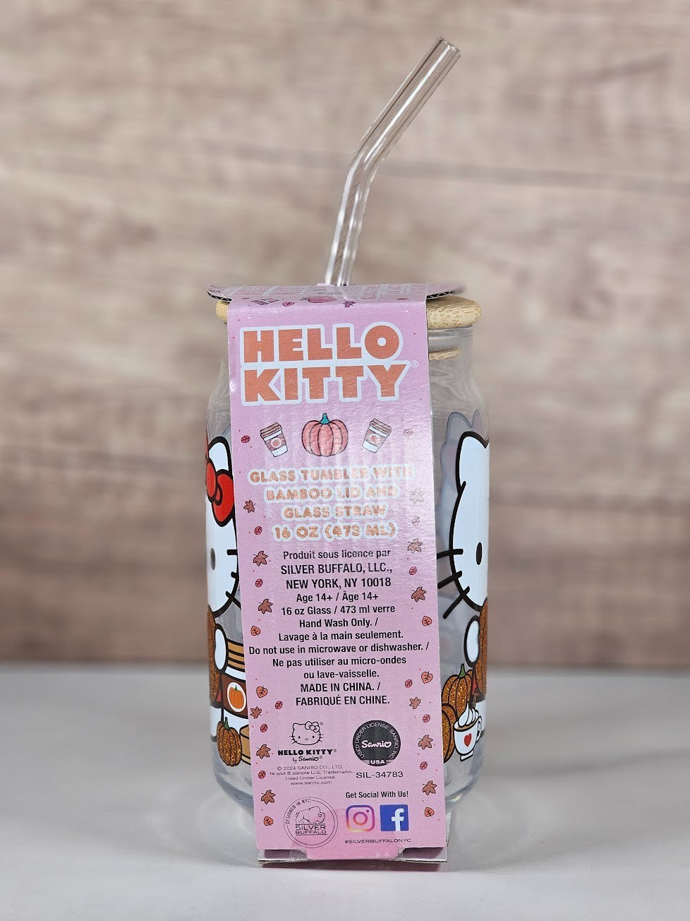 Hello Kitty Glass 16oz Tumbler with Bamboo Lid & Straw – Sanrio – NEW