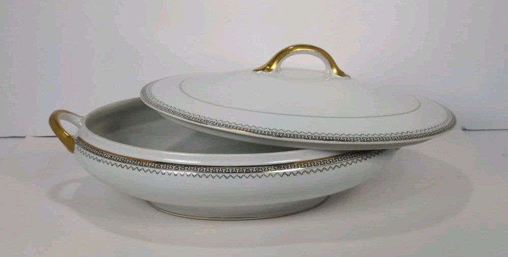 Noritake Keyboard Covered Casserole Gold Rim Serving Bowl W/ Lid Japan 8.25”