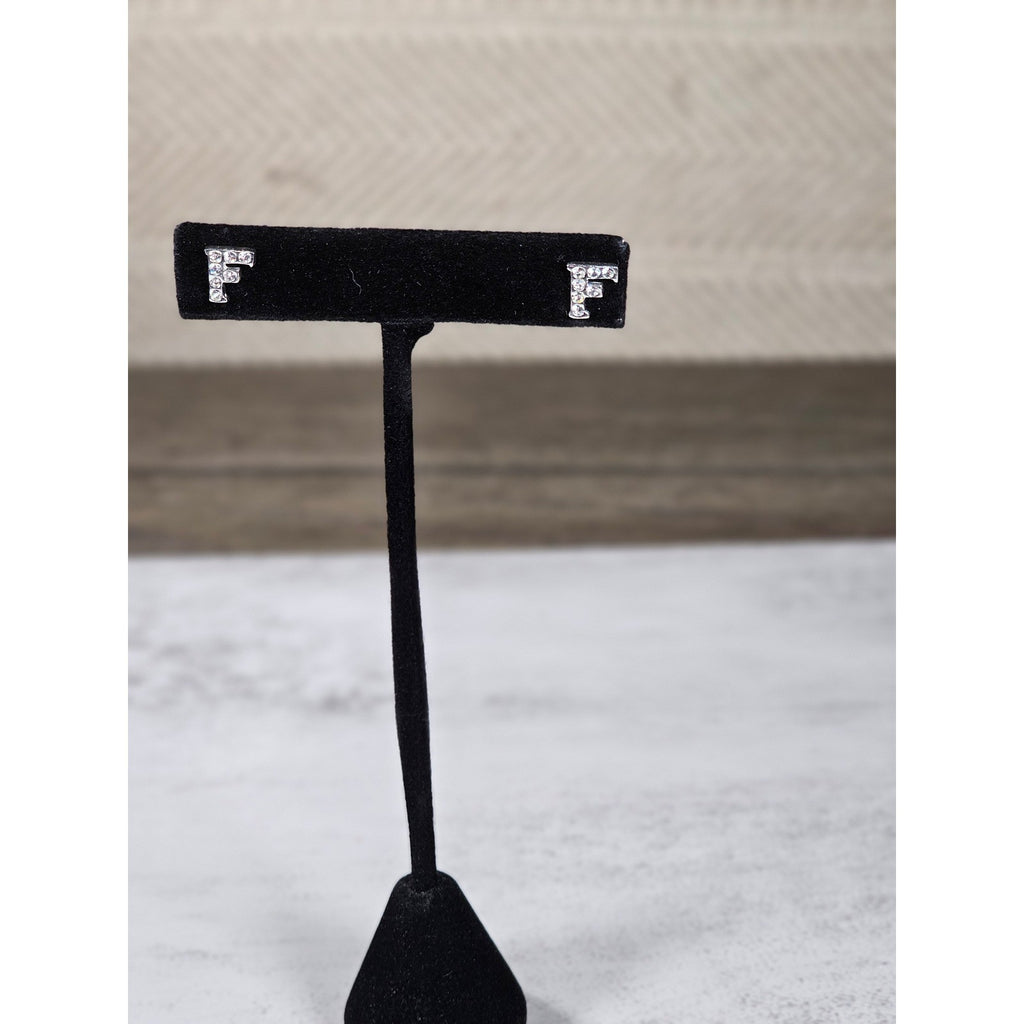 Vintage Rhinestone F Stud Earrings Silver Tone Initial Letter Posts