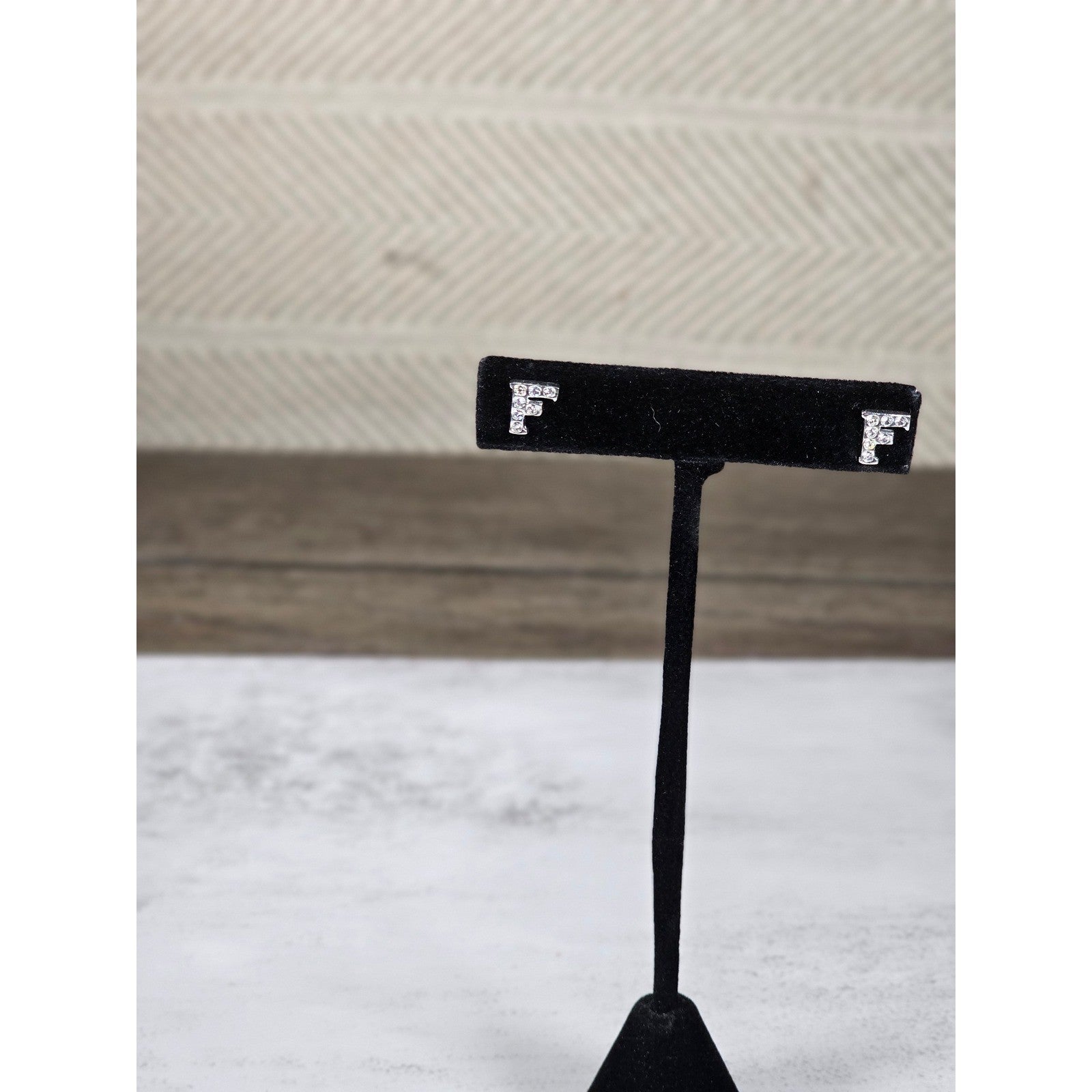 Vintage Rhinestone F Stud Earrings Silver Tone Initial Letter Posts