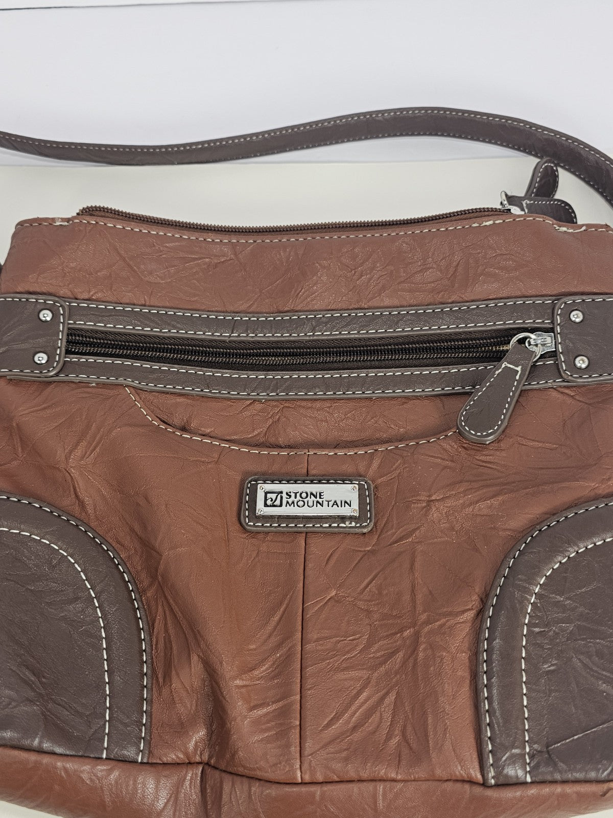 Stone & Co Shoulder Bag Purse Faux Leather Brown Cognac Zip Pockets
