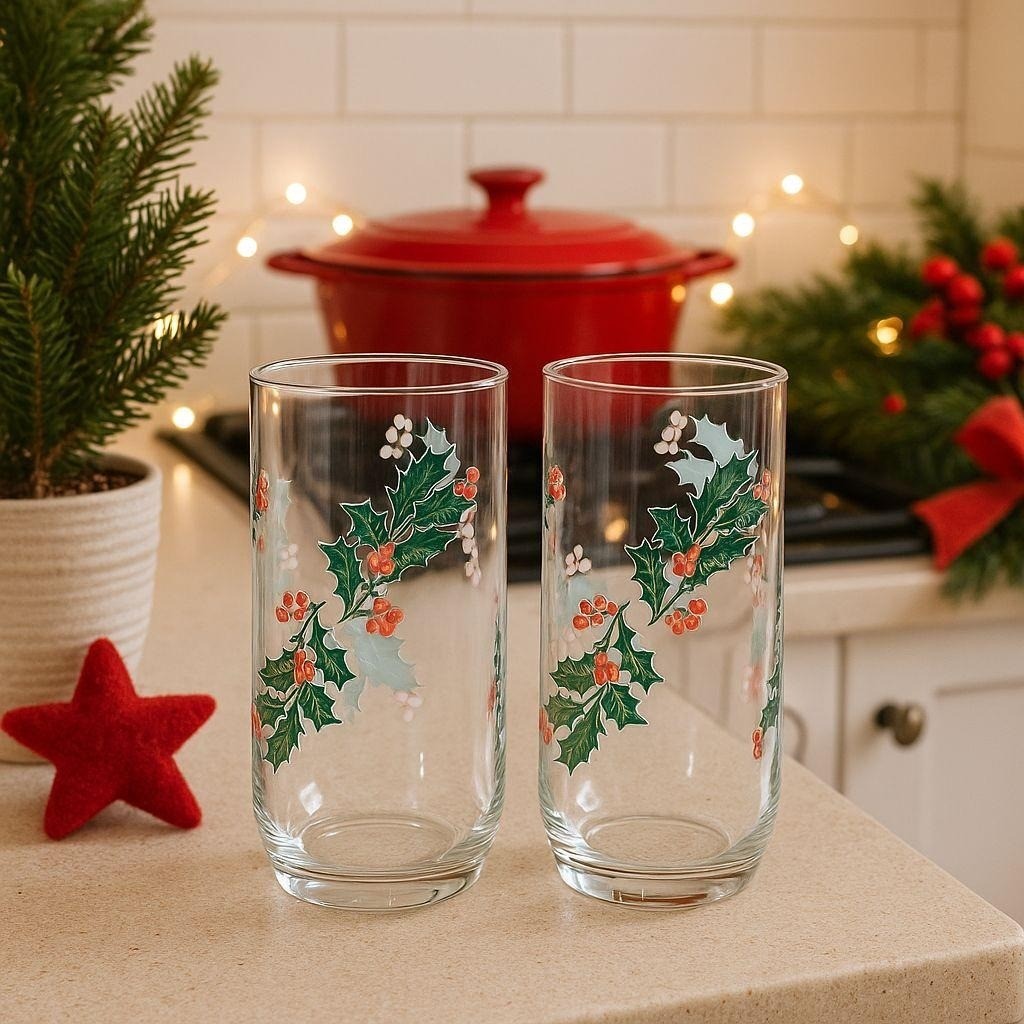 Vintage Indiana Glass Christmas Holly Tumblers Set of 2 Holiday Glasses