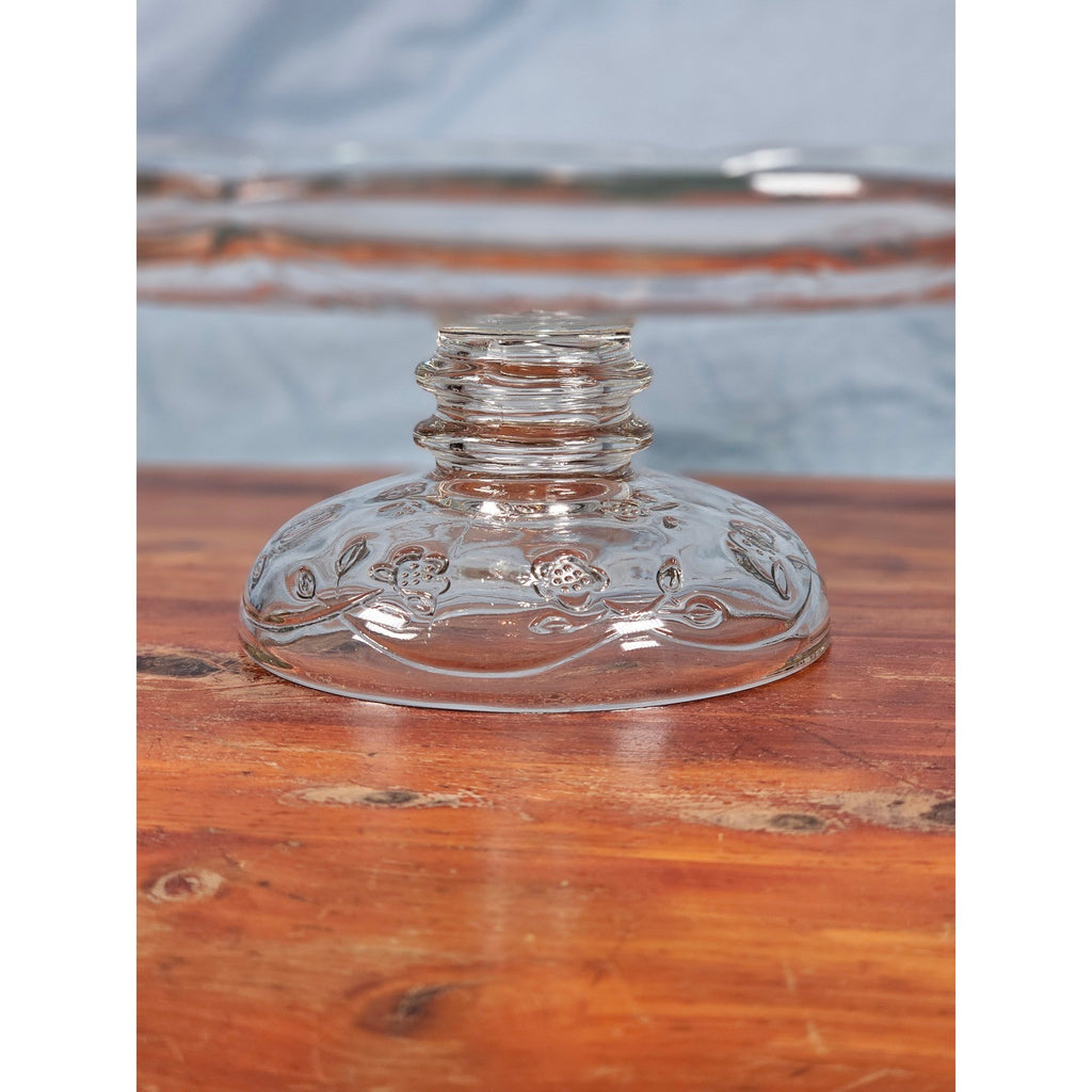Vintage Clear Glass Cake Stand with Floral Embossed Design
