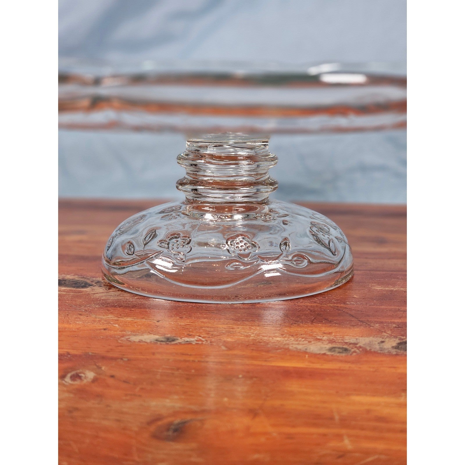 Vintage Clear Glass Cake Stand with Floral Embossed Design