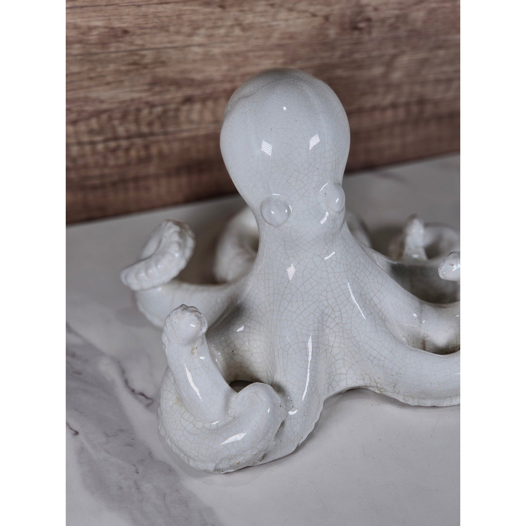 White Crackle Glaze Ceramic Octopus Figurine Nautical Coastal Home Decor Accent