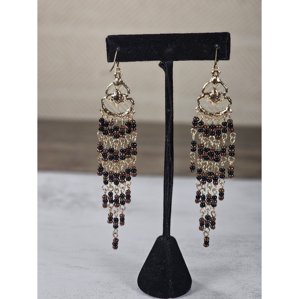 Vintage Gold Tone Beaded Chandelier Earrings Brown Black Dangle