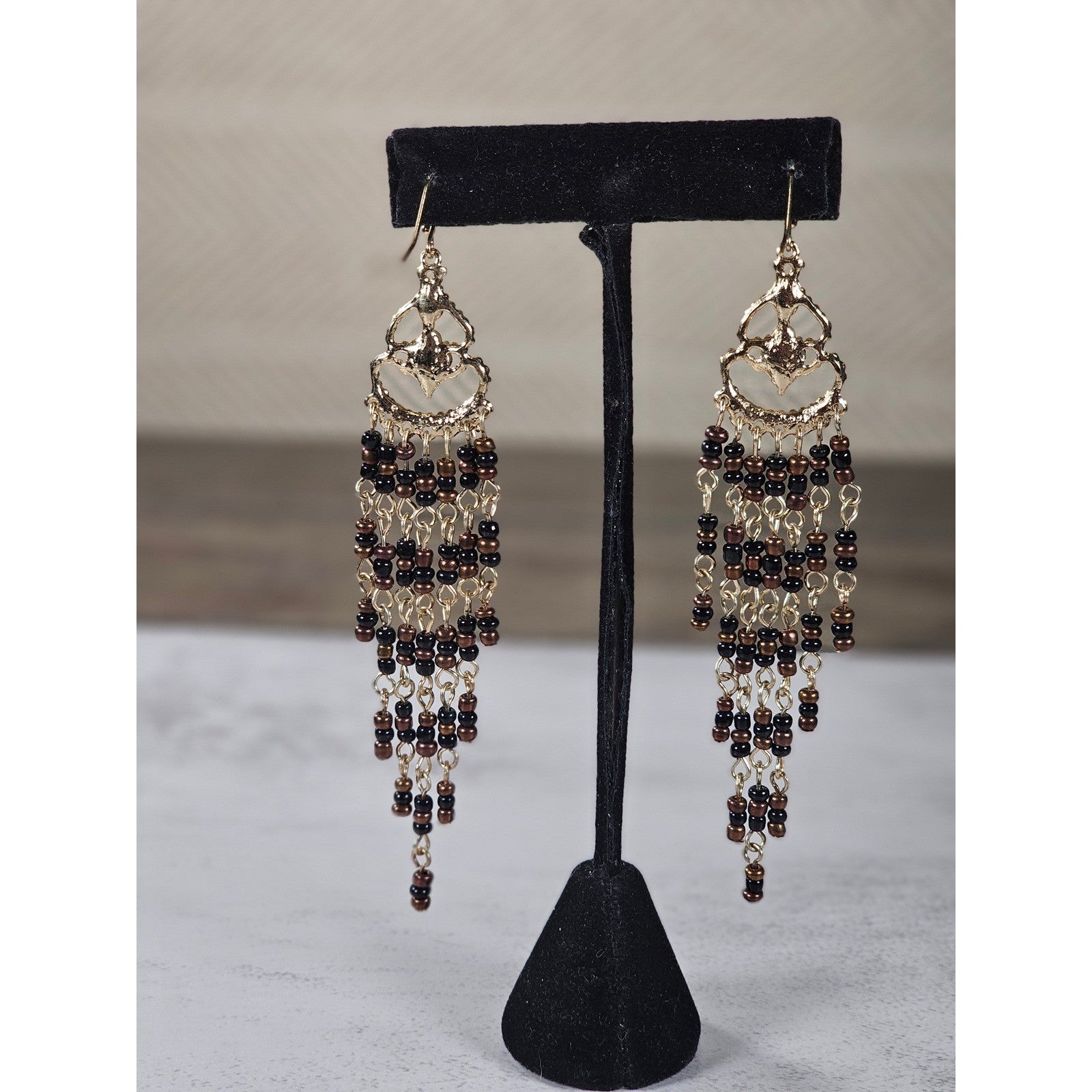 Vintage Gold Tone Beaded Chandelier Earrings Brown Black Dangle