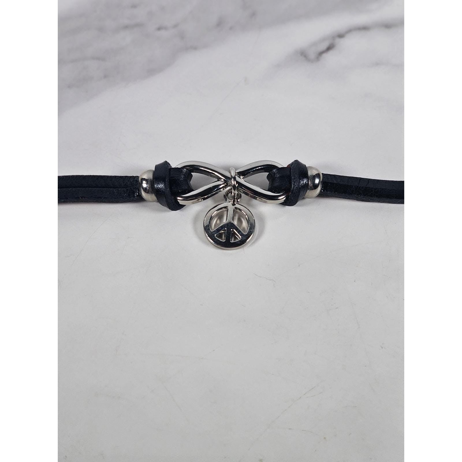 Vintage Petite Leather Peace Sign Bracelet Silver Tone Boho Jewelry
