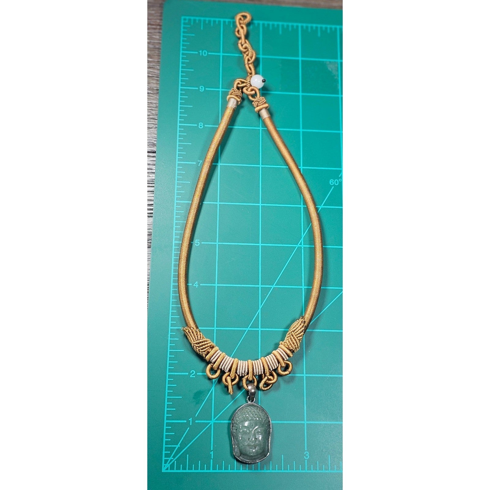 Vintage Buddha Green Stone Pendant Necklace Gold Tone Collar