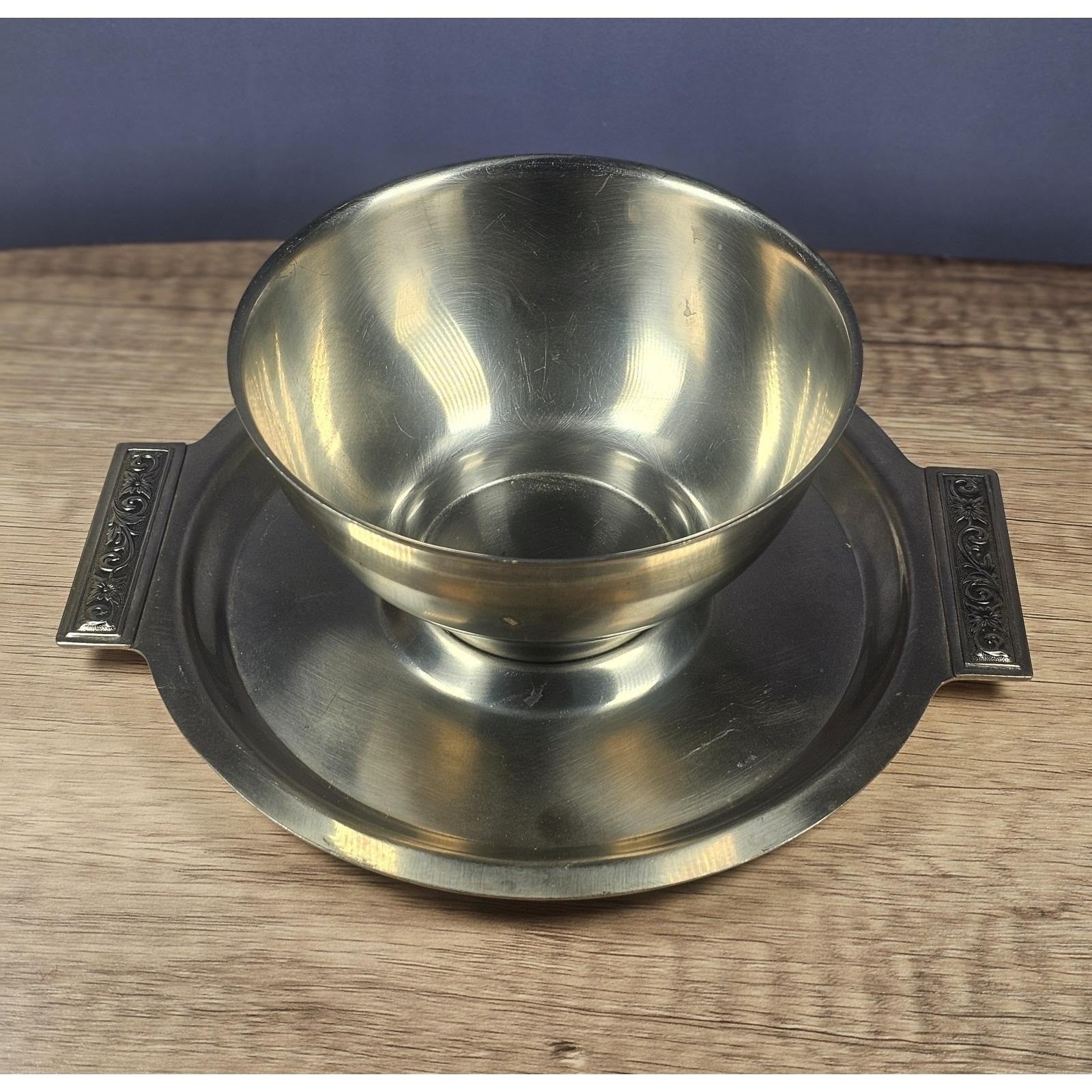 Vintage Stainless Steel Gravy Bowl With Attached Plate Server