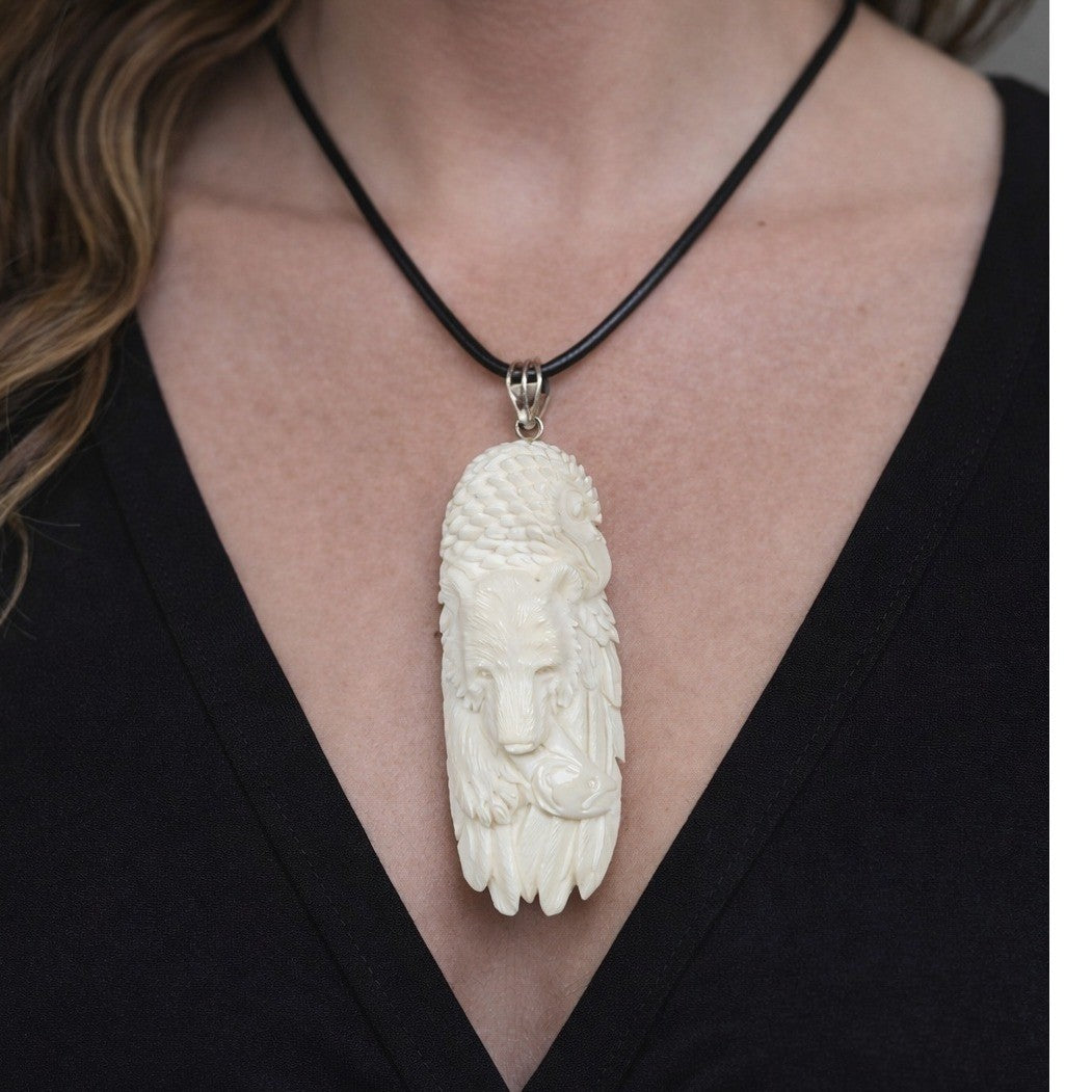 Vintage Carved Buffalo Bone Bear & Eagle Pendant Necklace – Hand Carved Totem 3"