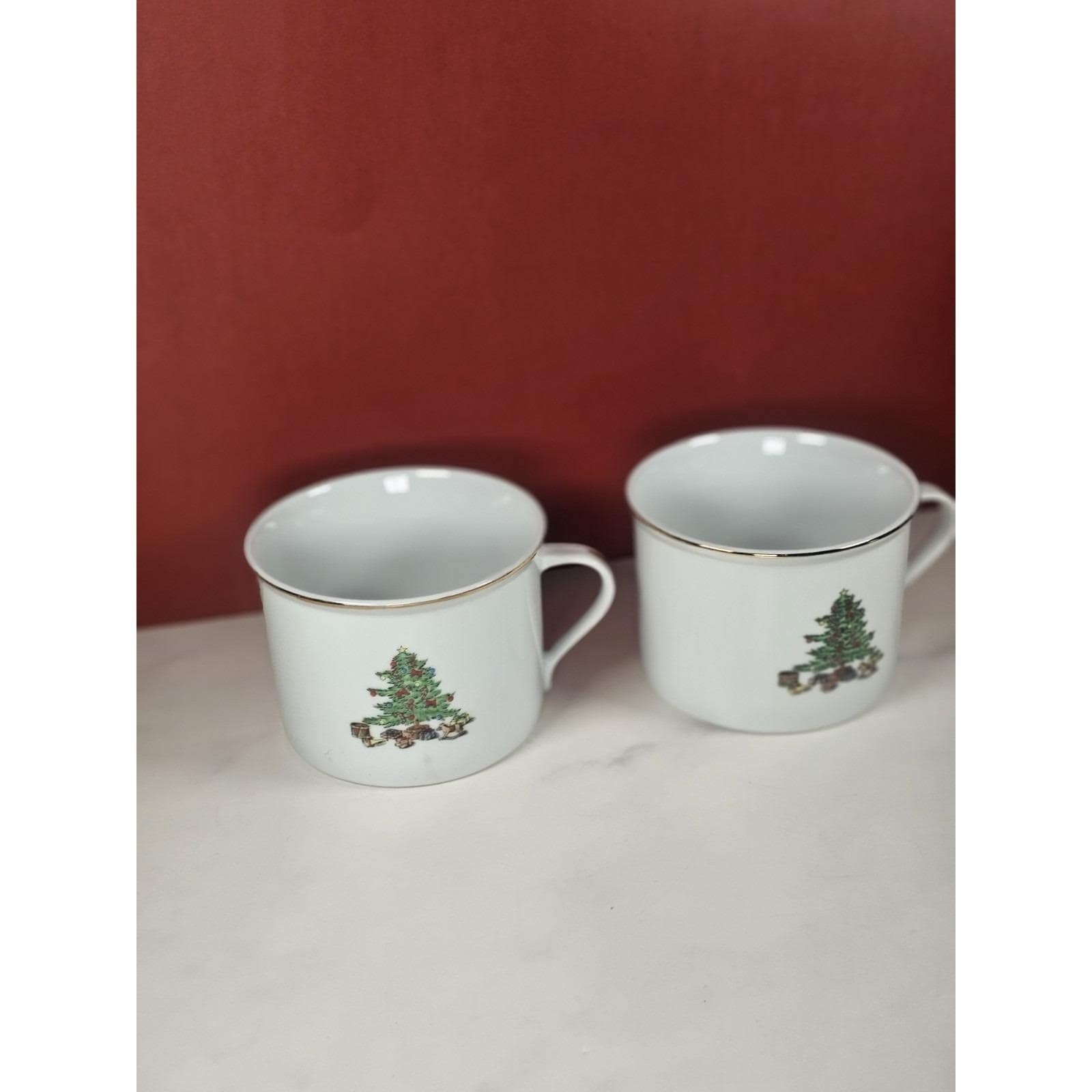 Vintage Tienshan Christmas Tree Mugs Set of 2 Porcelain Holiday Cups