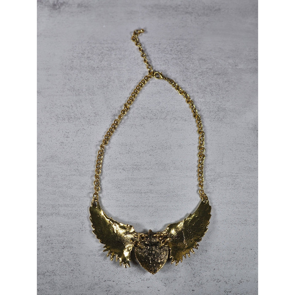 Vintage Gold Tone Winged Heart Rhinestone Statement Necklace